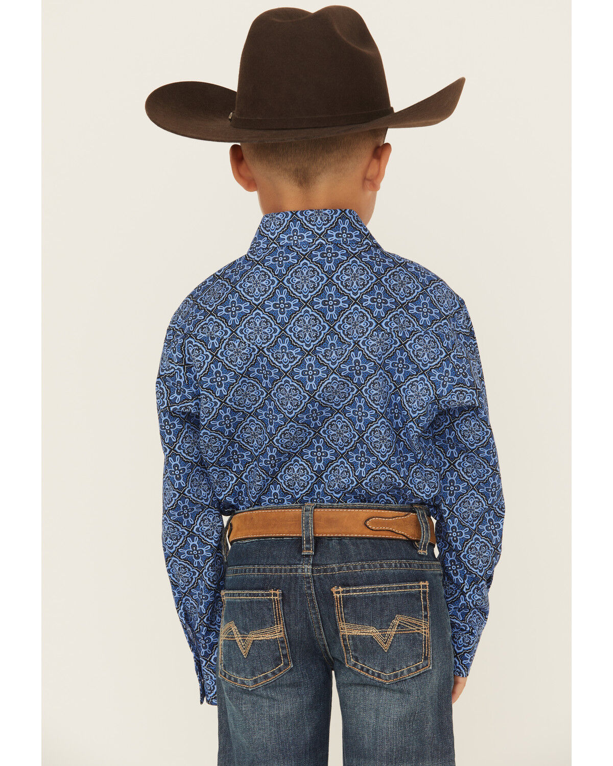 Image #4 - Roper Boys' Medallion Print Long Sleeve Snap Western Shirt, Blue, hi-res