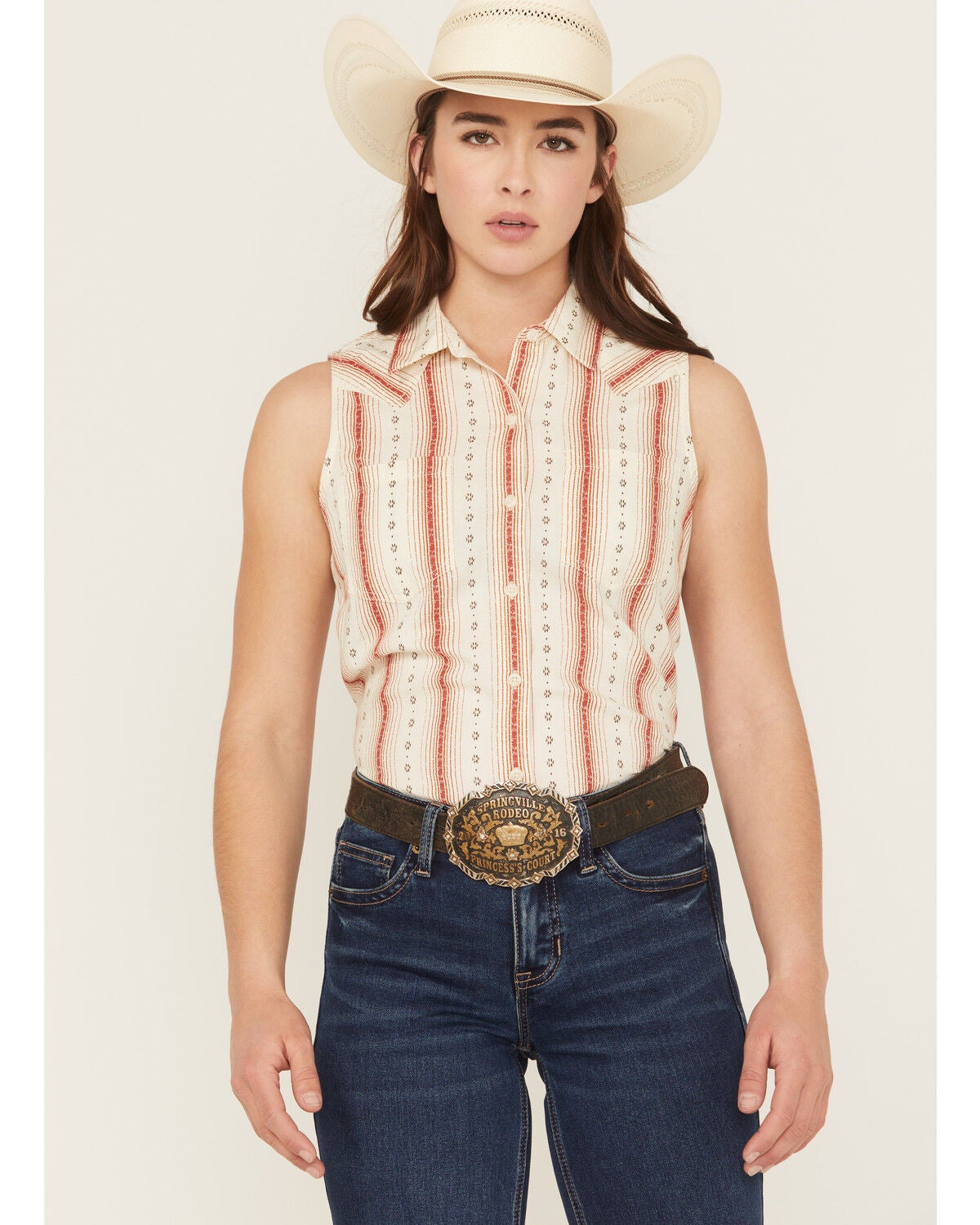 Ariat Women's Billie Jean Desert Stripe Sleeveless Shirt, Cream, hi-res