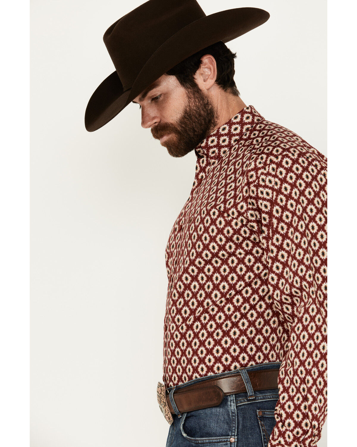 Image #2 - Ariat Men's Nevil Southwestern Print Long Sleeve Button-Down Shirt, Wine, hi-res