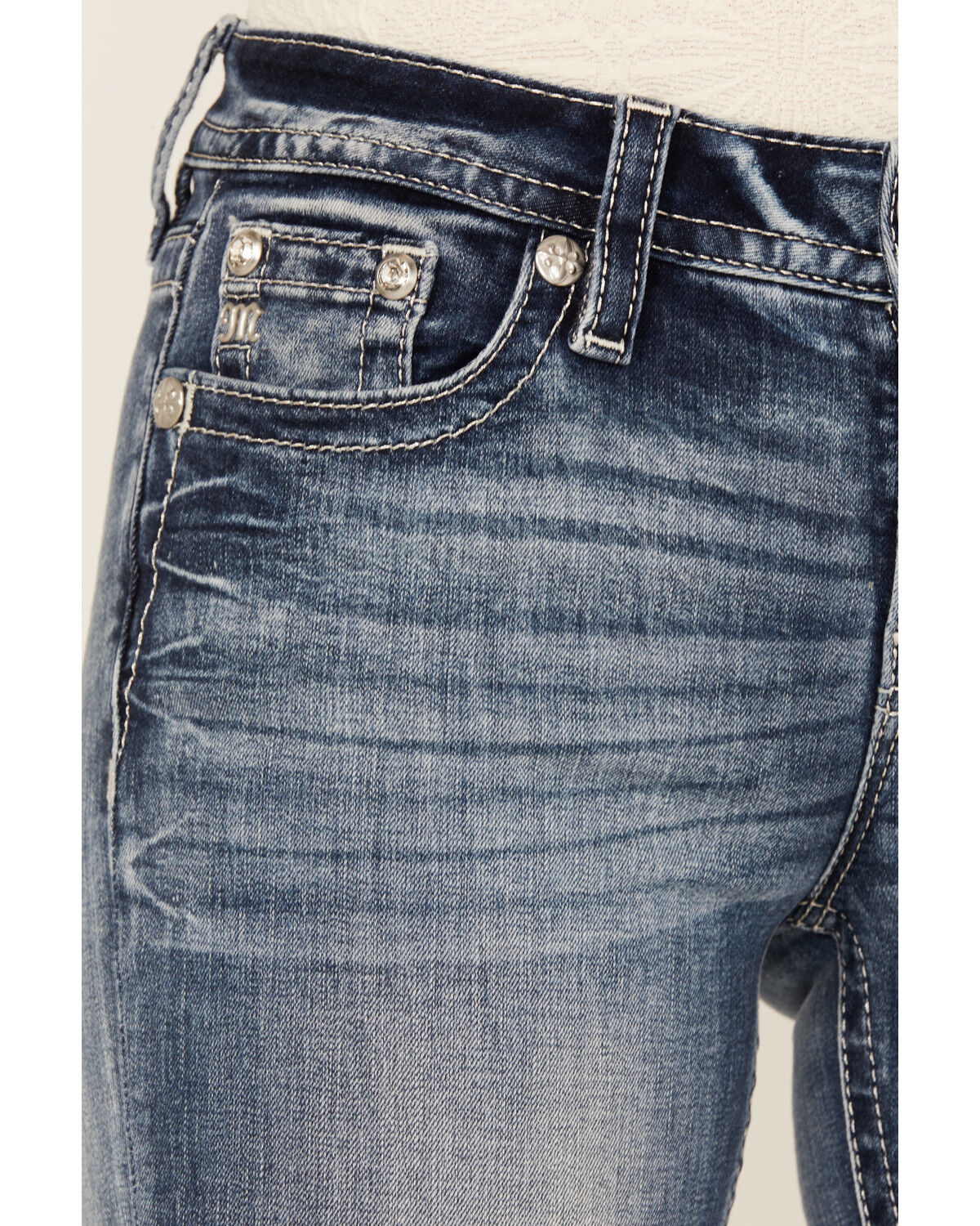 Image #4 - Miss Me Women's Medium Wash Mid Rise Angel Wing Bootcut Stretch Denim Jeans, , hi-res