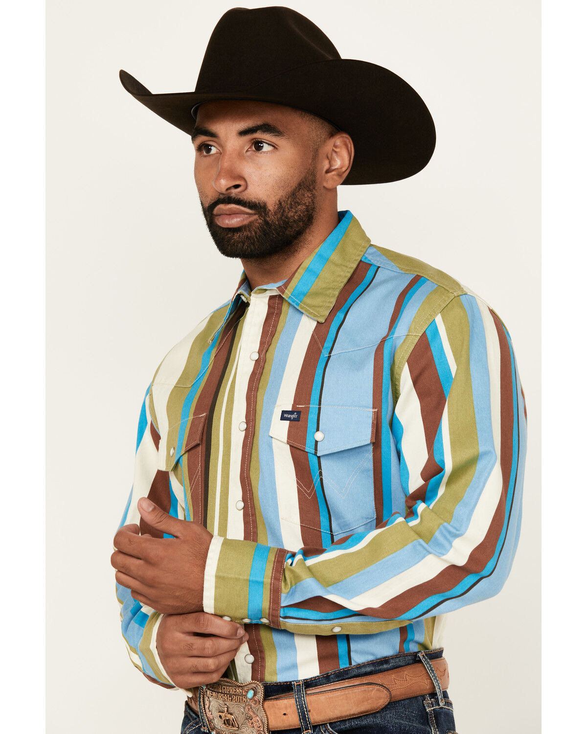 Image #2 - Wrangler Men's Vintage Brushpopper Striped Long Sleeve Snap Western Shirt, Multi, hi-res