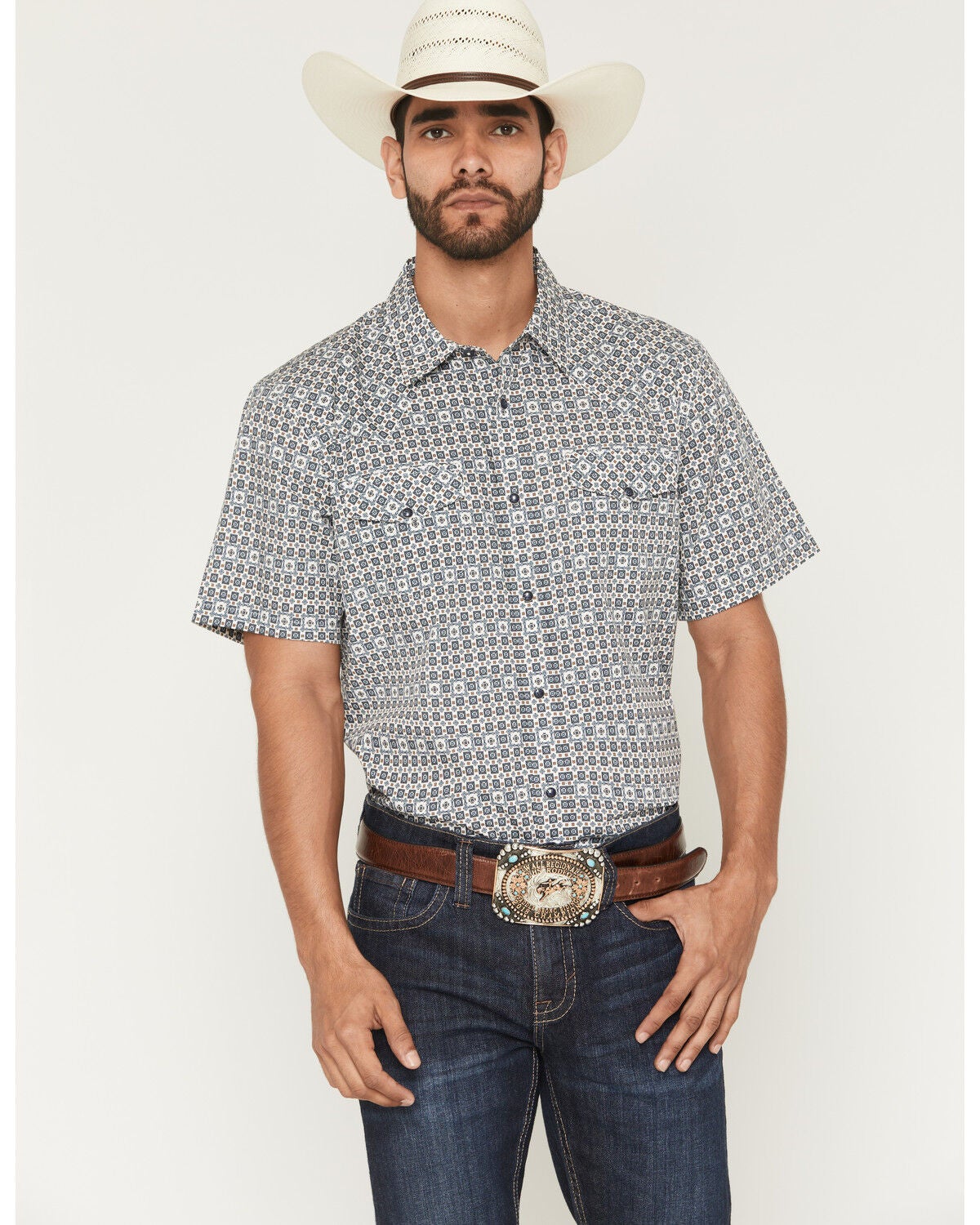 Gibson Trading Co Men's haven Geo Print Short Sleeve Snap Western Shirt, Light Blue, hi-res