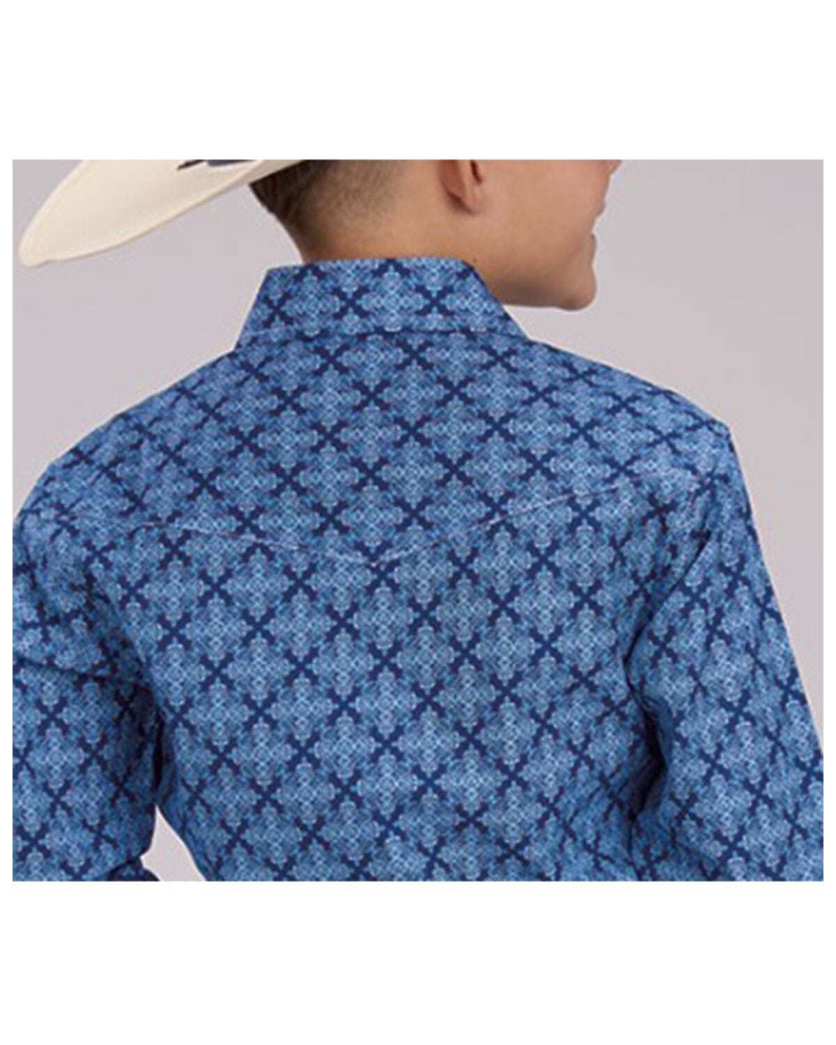 Image #2 - Roper Boys' Medallion Print Short Sleeve Snap Western Shirt, Blue, hi-res
