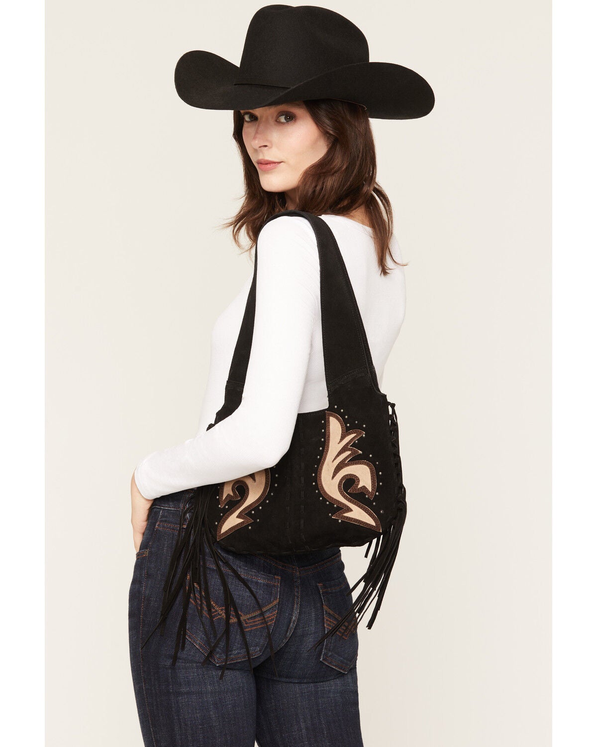 Image #1 - Idyllwind Women's Lorna Boot Stitch Suede Shoulder Bag, Black, hi-res