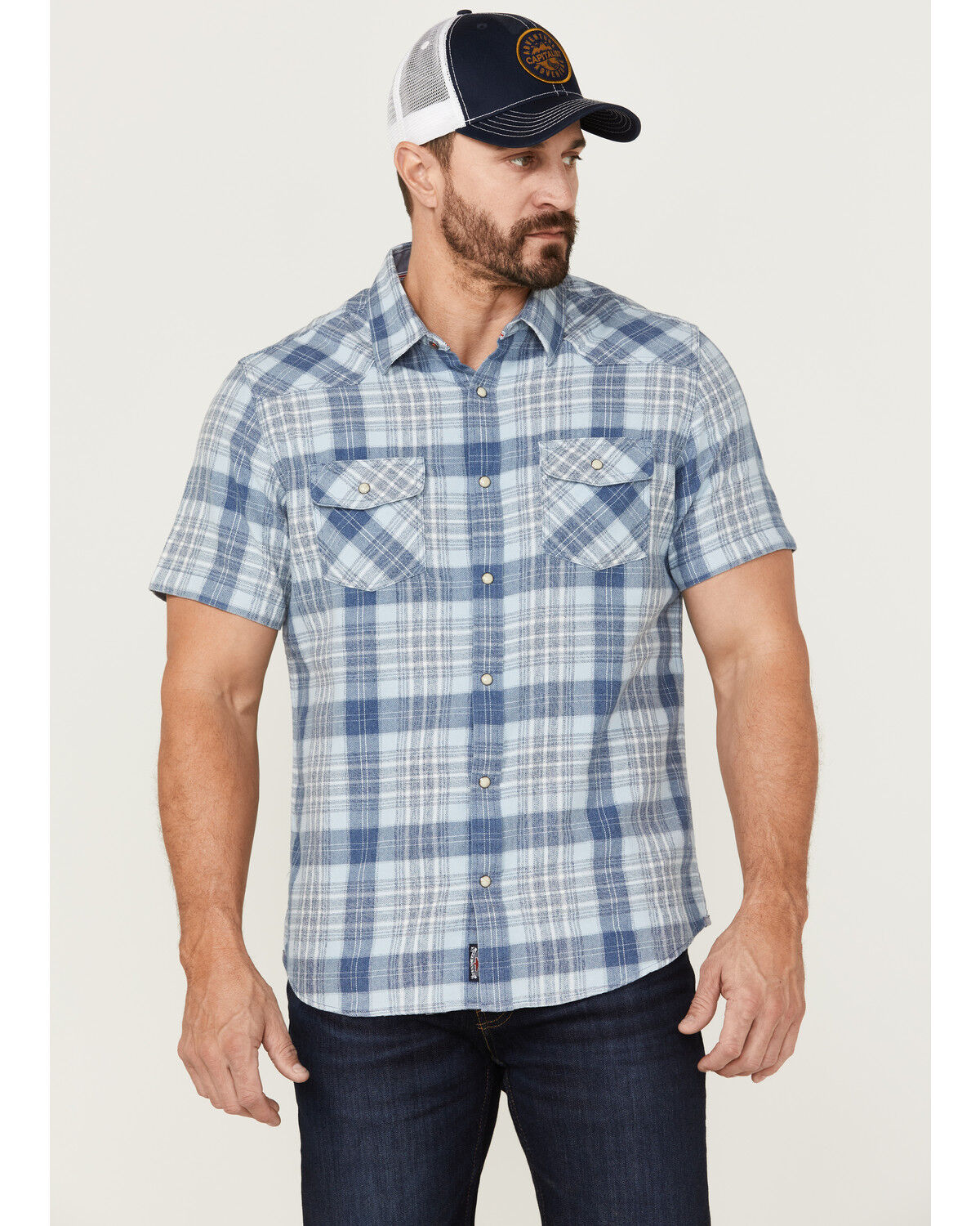 Image #1 - Flag & Anthem Men's Desert Son Cookeville Vintage Large Plaid Short Sleeve Snap Western Shirt, Light Blue, hi-res