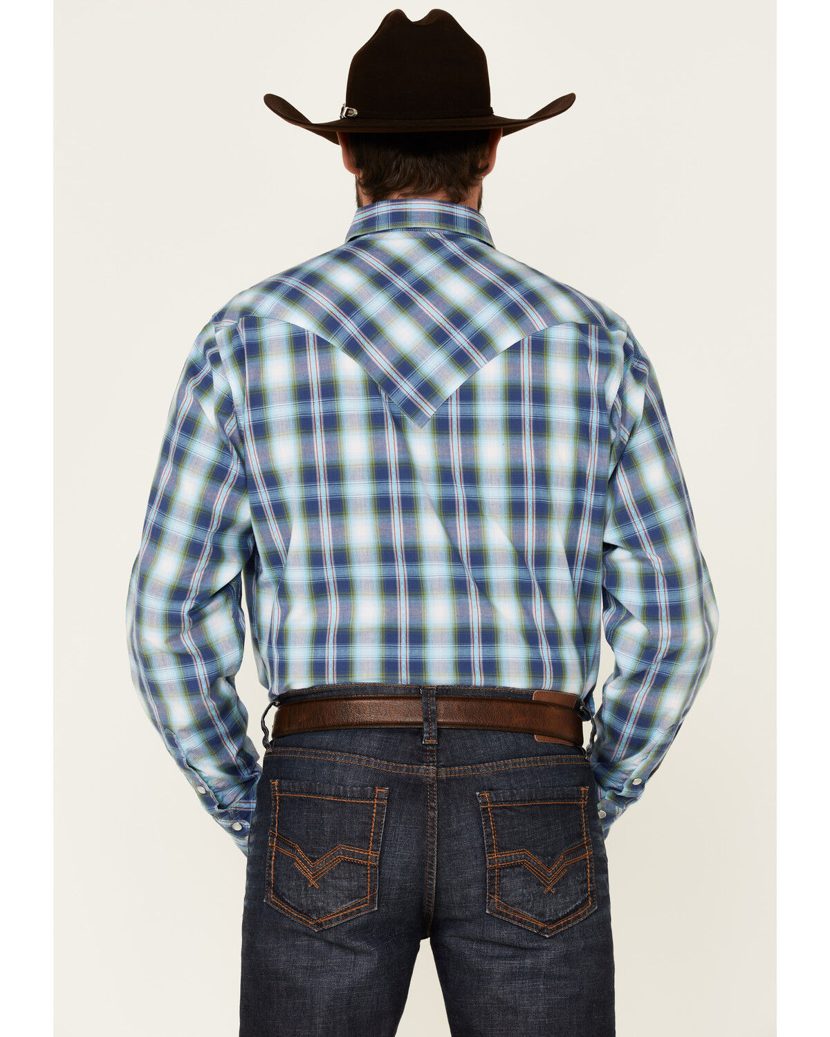 Image #4 - West Made Men's Dobby Plaid Long Sleeve Pearl Snap Western Shirt, Blue, hi-res