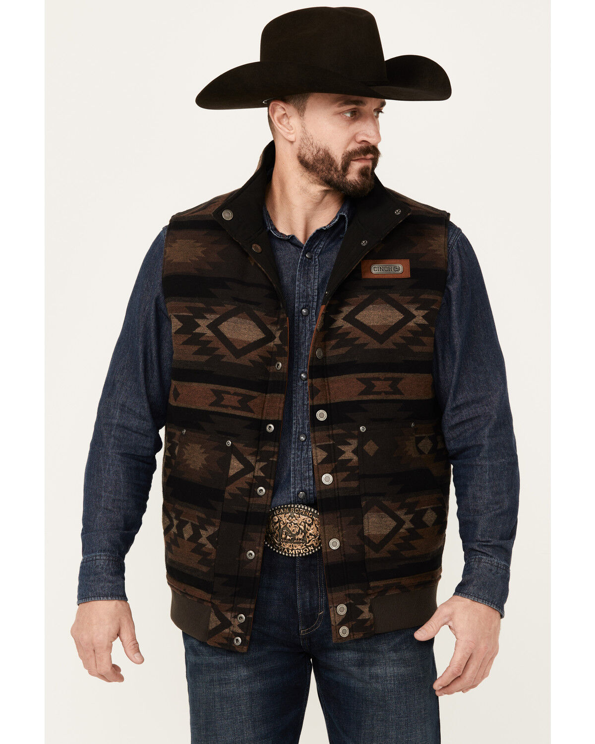 Image #1 - Cinch Men's Reversible Southwestern Print Quilted Vest, Brown, hi-res