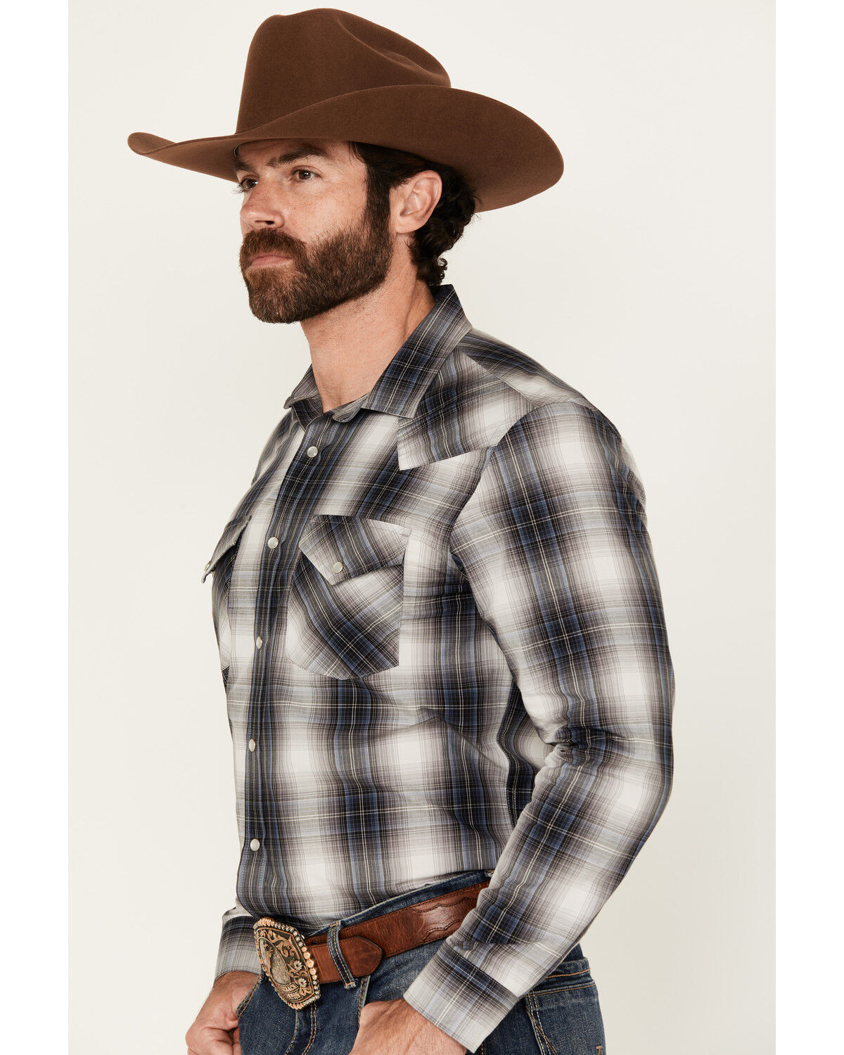 Image #2 - Pendleton Men's Frontier Plaid Print Long Sleeve Pearl Snap Western Shirt, Blue, hi-res