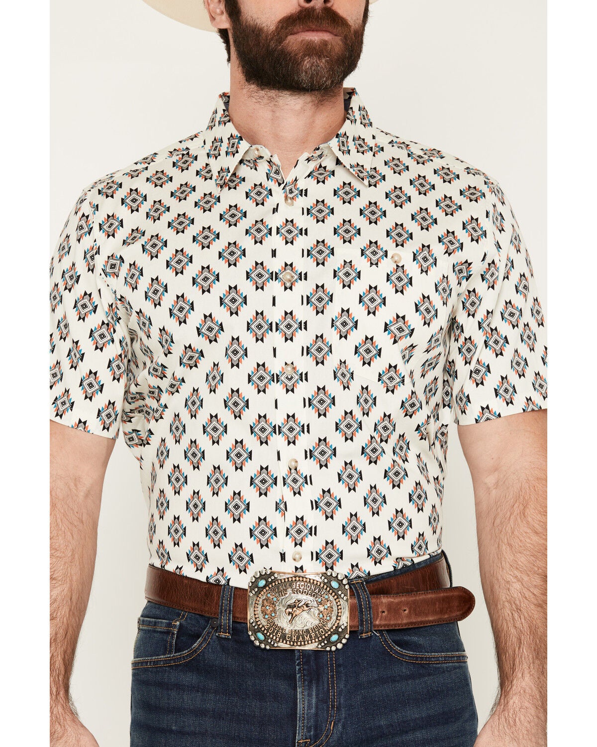 Image #3 - RANK 45&reg; Men's Star Power Geo Print Short Sleeve Button-Down Stretch Western Shirt, Off White, hi-res