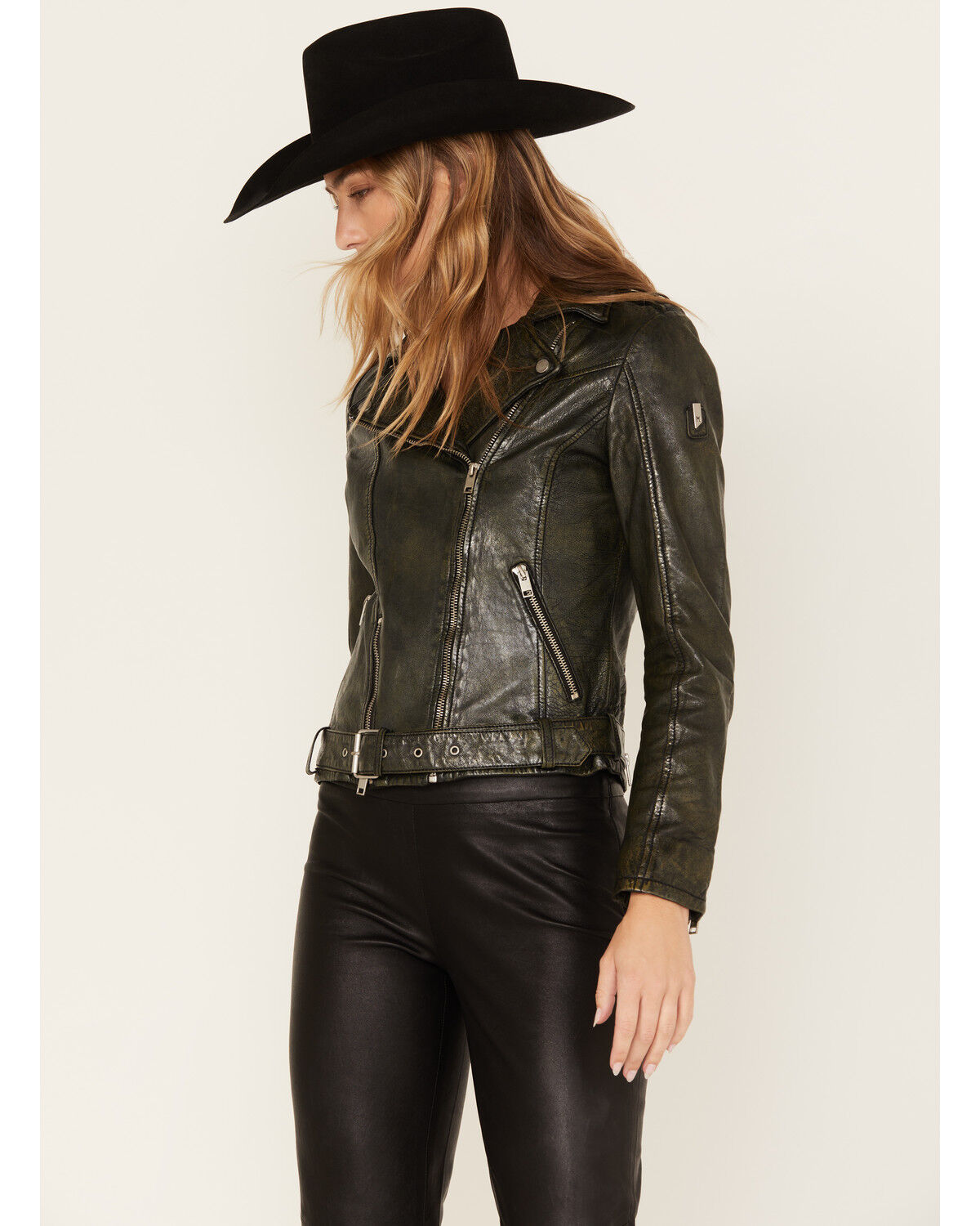 Image #2 - Mauritius Leather Women's Croc Collar Sydney Moto Jacket, Olive, hi-res