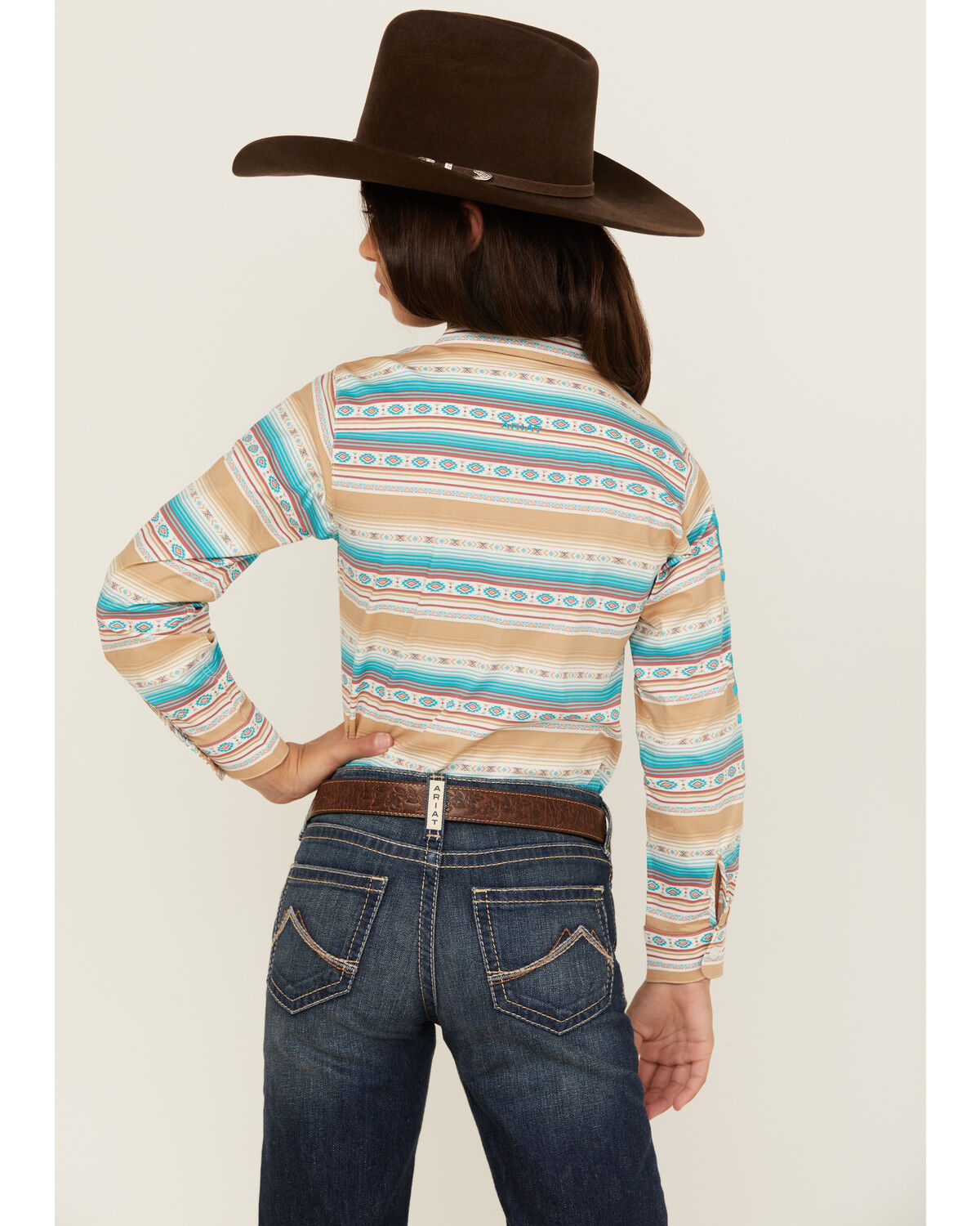 Image #4 - Ariat Girls' Striped Southwestern Print Long Sleeve Button-Down Western Shirt, Beige, hi-res