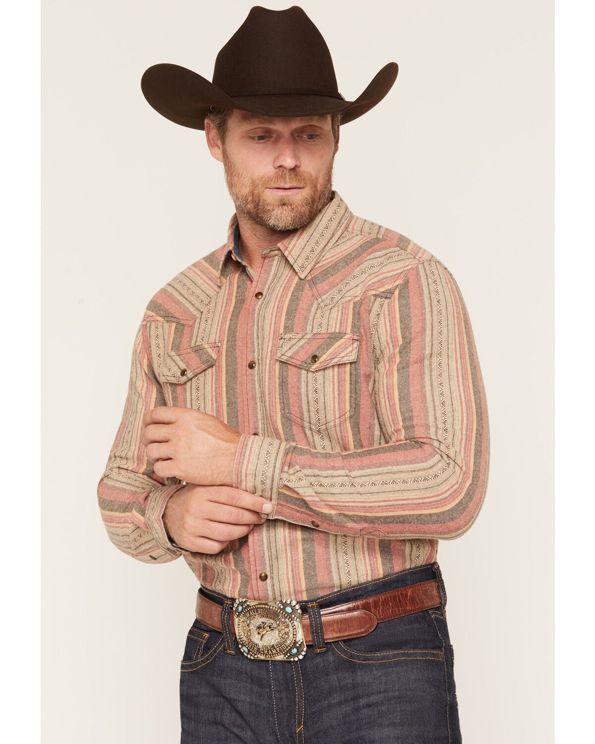 Image #1 - Cody James Men's Truckee Striped Long Sleeve Snap Flannel Shirt - Tall, Bark, hi-res