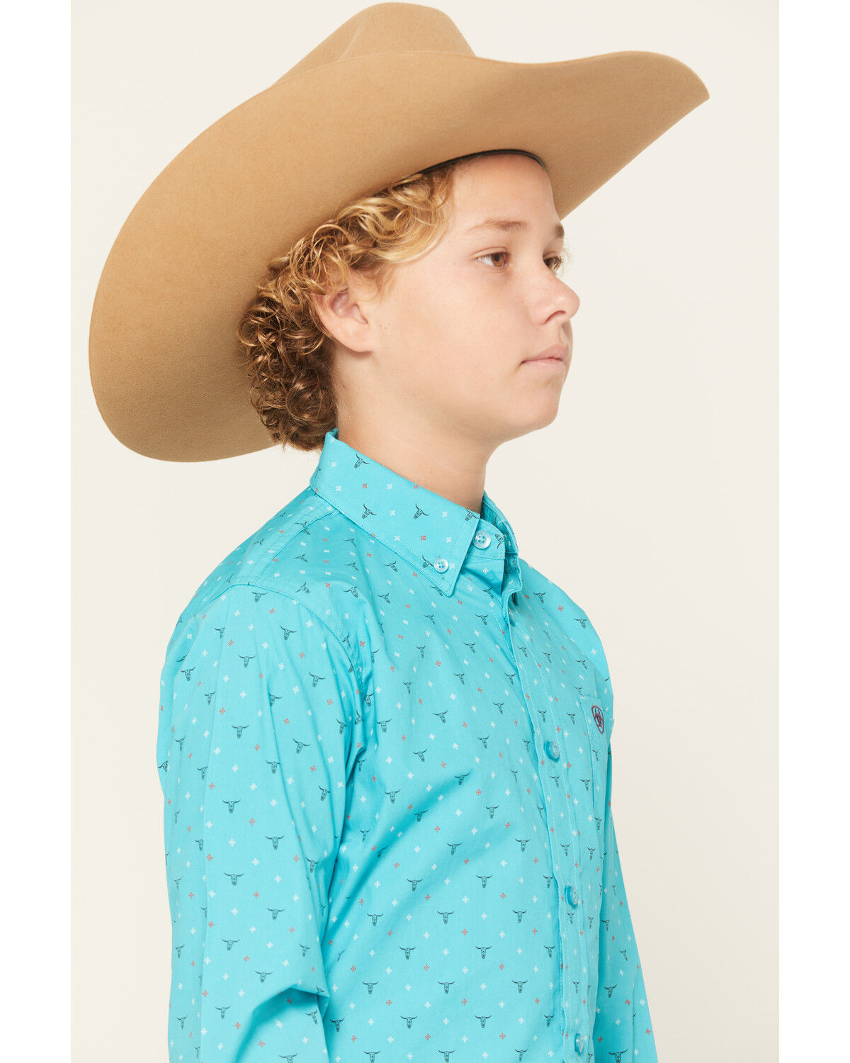 Image #2 - Ariat Boys' Steer Print Long Sleeve Button-Down Western Shirt, Blue, hi-res
