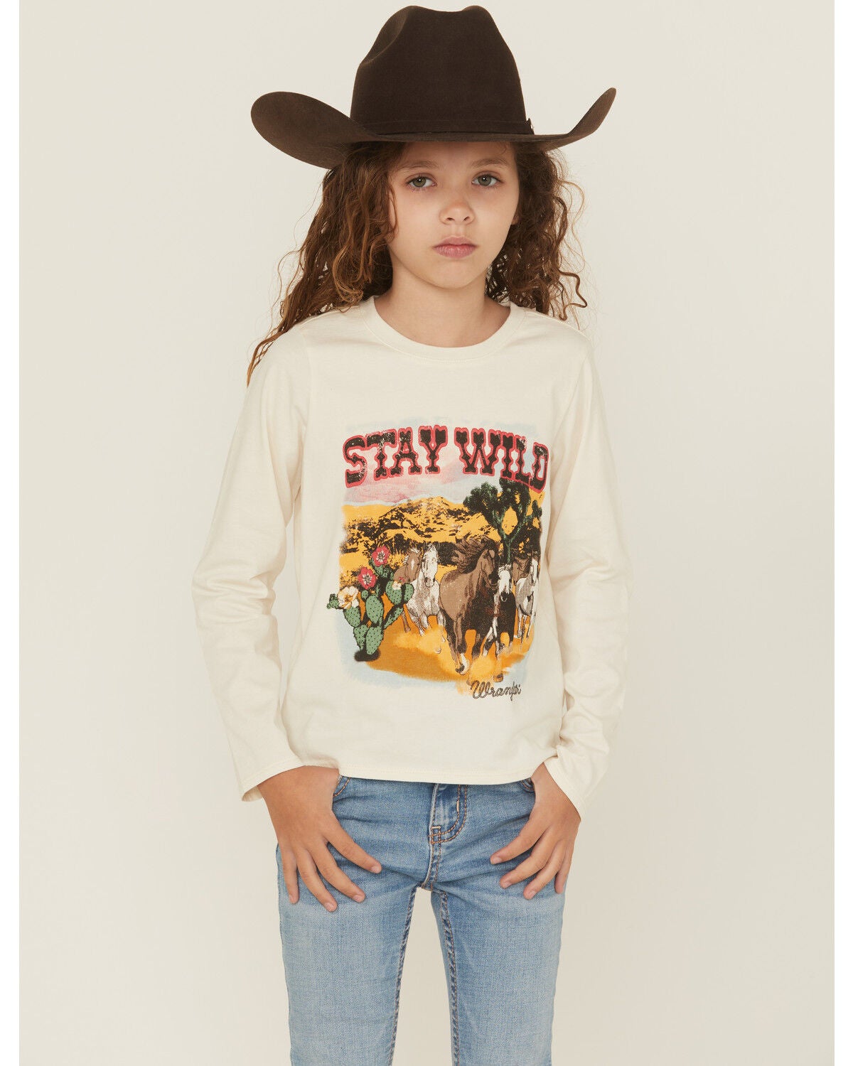 Image #1 - Wrangler Girls' Stay Wild Long Sleeve Graphic Tee, White, hi-res
