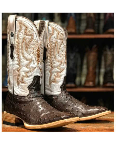Image #1 - Tanner Mark Men's Full Quill Ostrich Exotic Western Boot - Broad Square Toe, Honey, hi-res