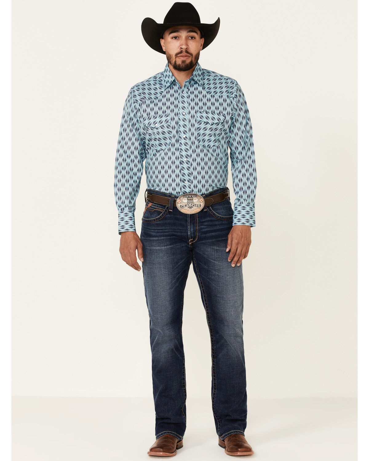 Image #2 - Wrangler Men's Silver Edition Turquoise Southwestern Stripe Long Sleeve Pearl Snap Western Shirt, Turquoise, hi-res