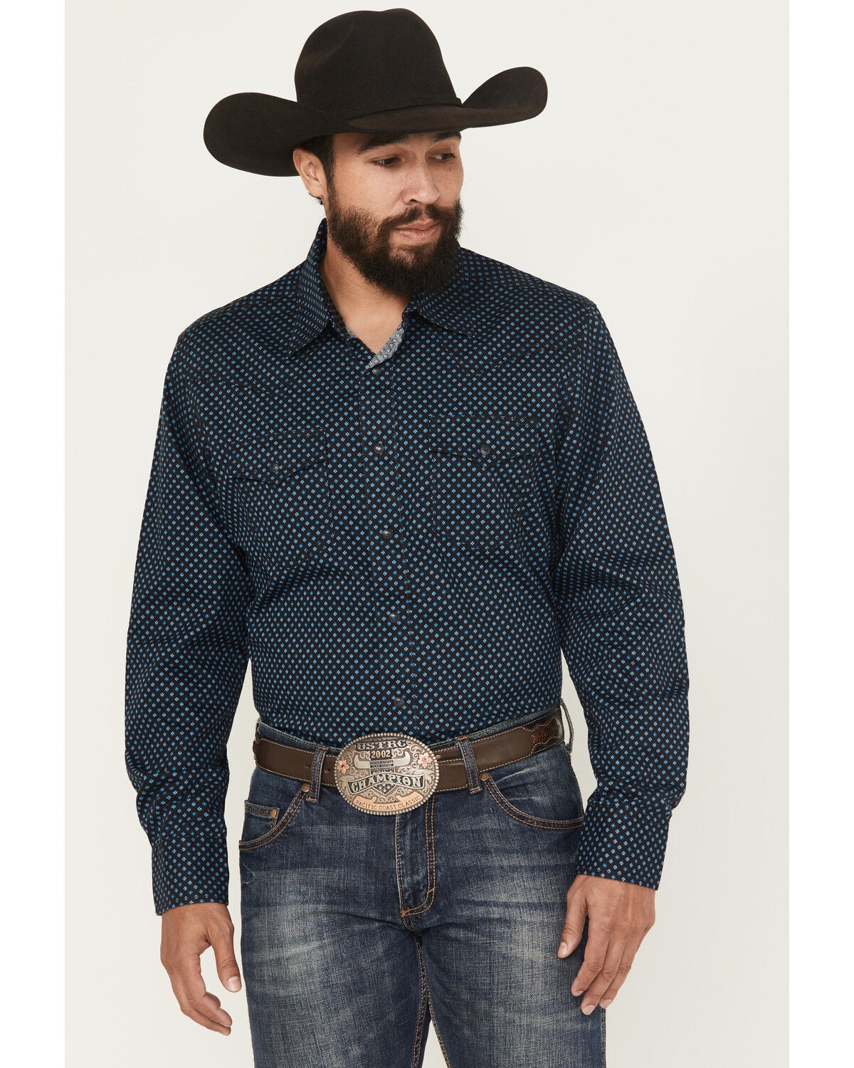 Image #1 - Wrangler Retro Men's Geo Print Long Sleeve Snap Western Shirt, Navy, hi-res