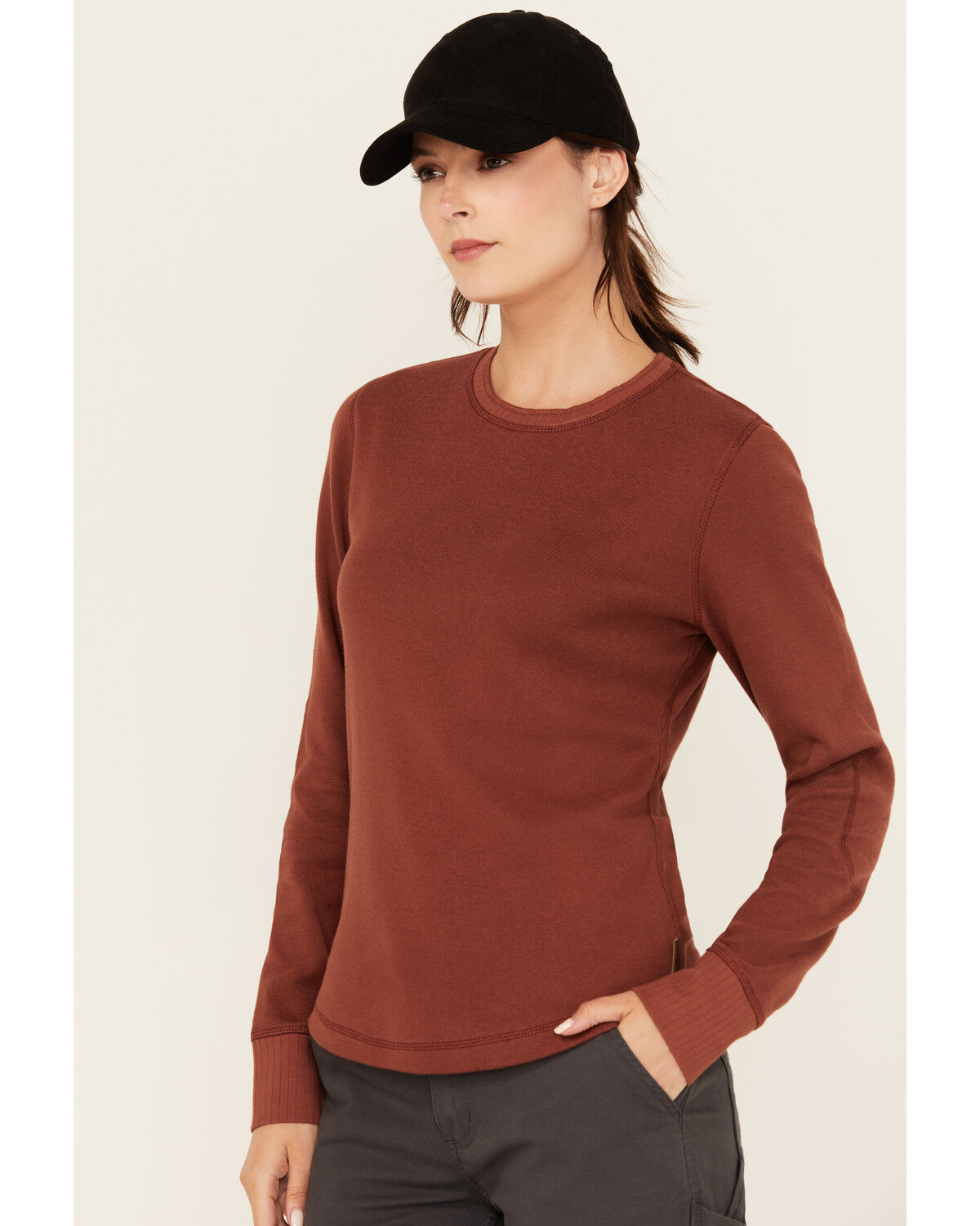 Image #2 - Lucky Brand Workwear Women's Ribbed Trim Long Sleeve Shirt, Brandy Brown, hi-res