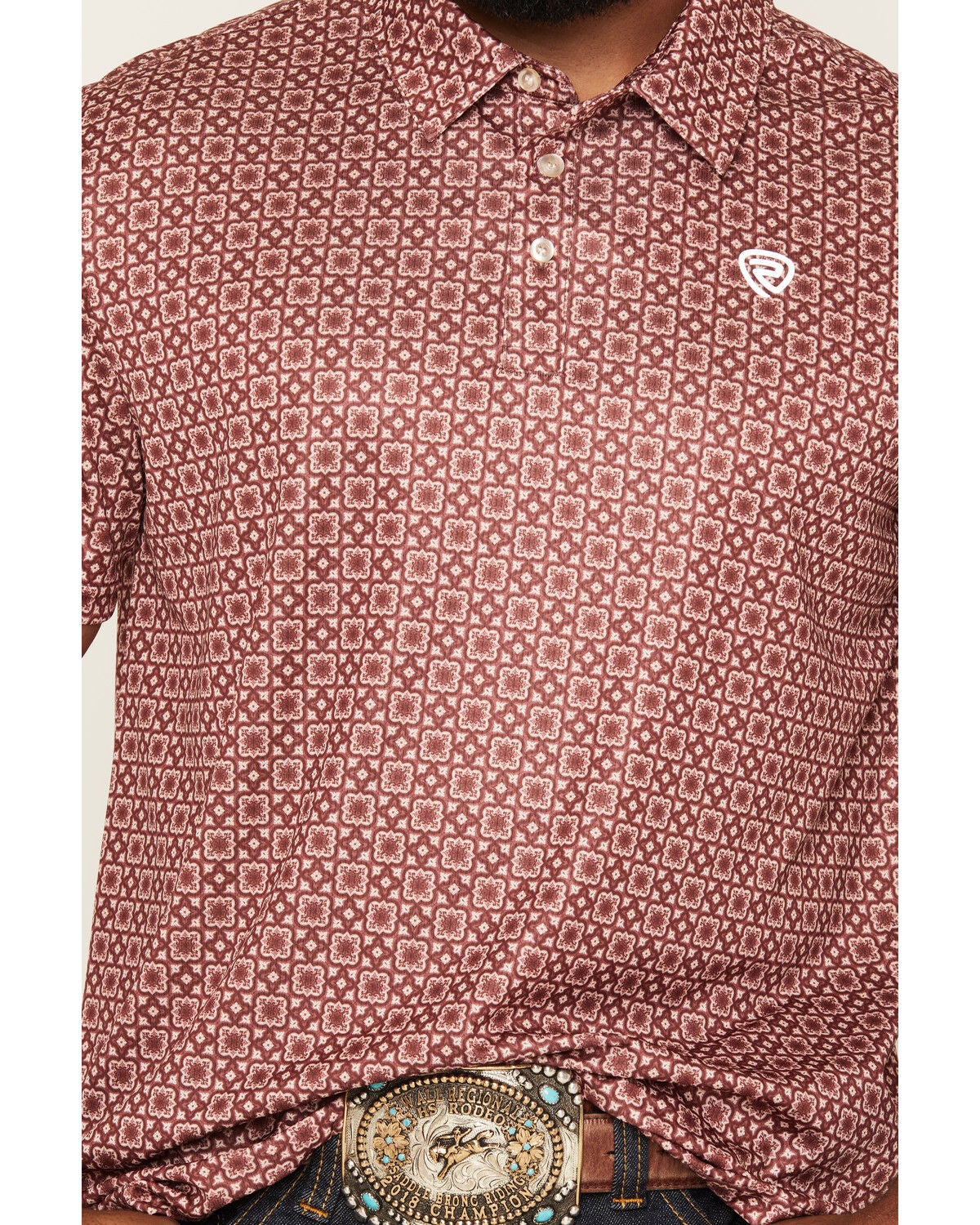 Image #3 - Rock & Roll Denim Men's Medallion Print Short Sleeve Button-Down Polo, Red, hi-res