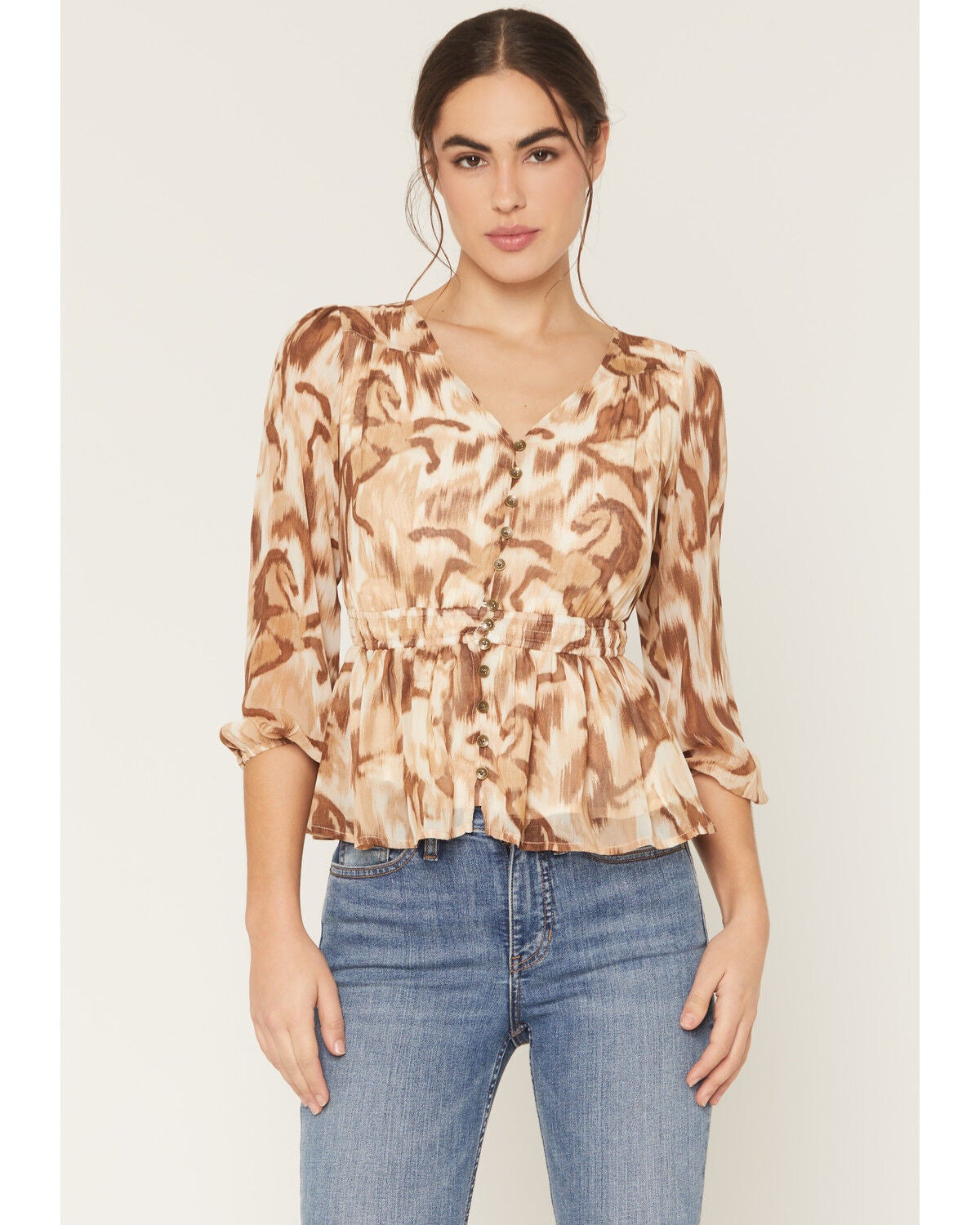 Image #1 - Shyanne Women's Horse Print Chiffon Top, Coffee, hi-res