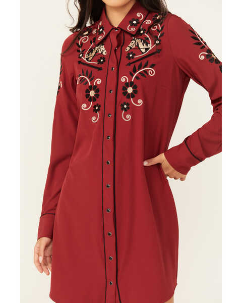 Image #3 - Roper Women's Floral Embroidered Long Sleeve Mini Dress, Red, hi-res