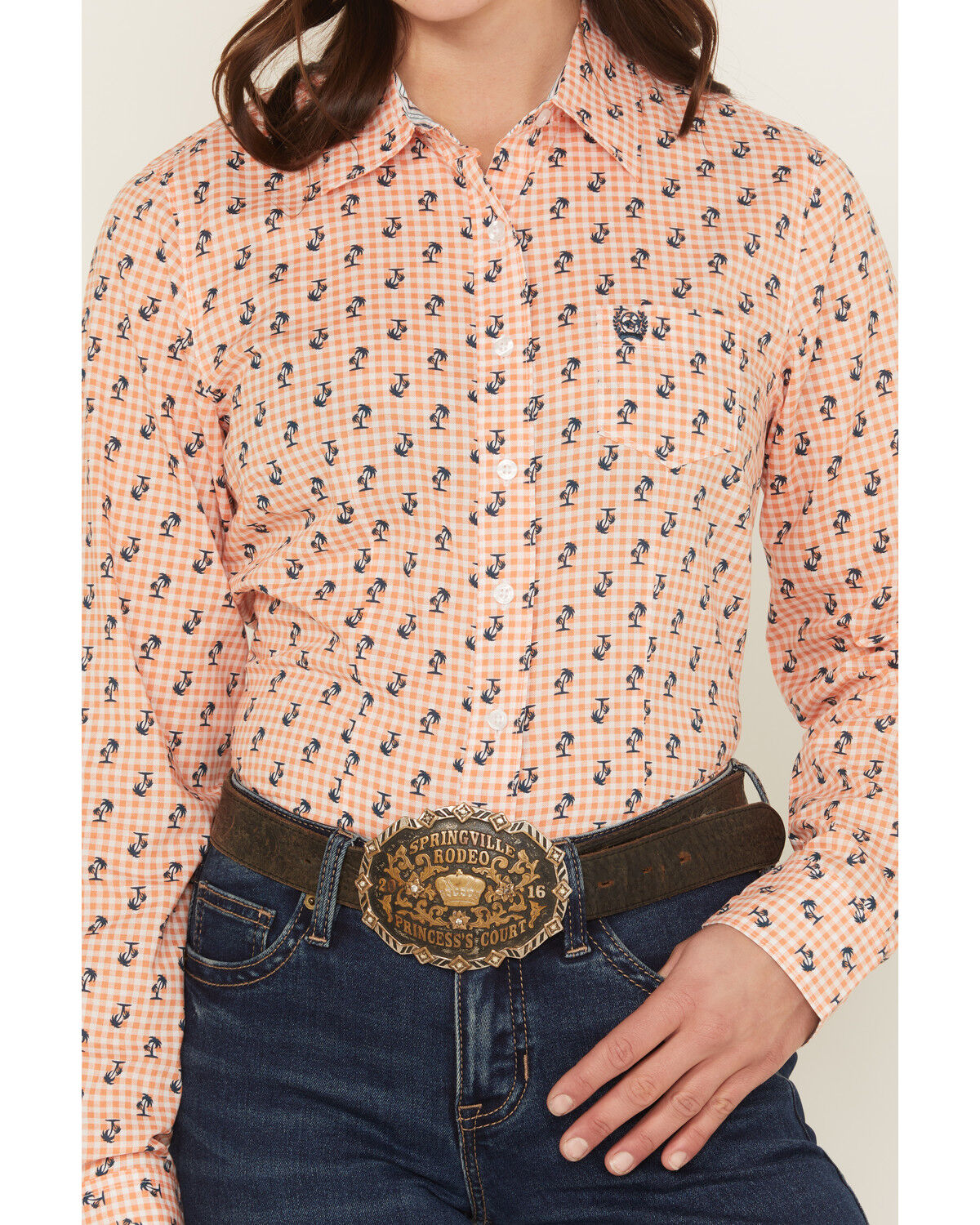 Image #3 - Cinch Women's Plaid Print Palm Tree Long Sleeve Button-Down Stretch Western Shirt, Orange, hi-res