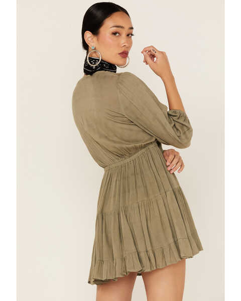 Lush Women's Tie Front Cutout Tiered Long Sleeve Dress, Olive, hi-res