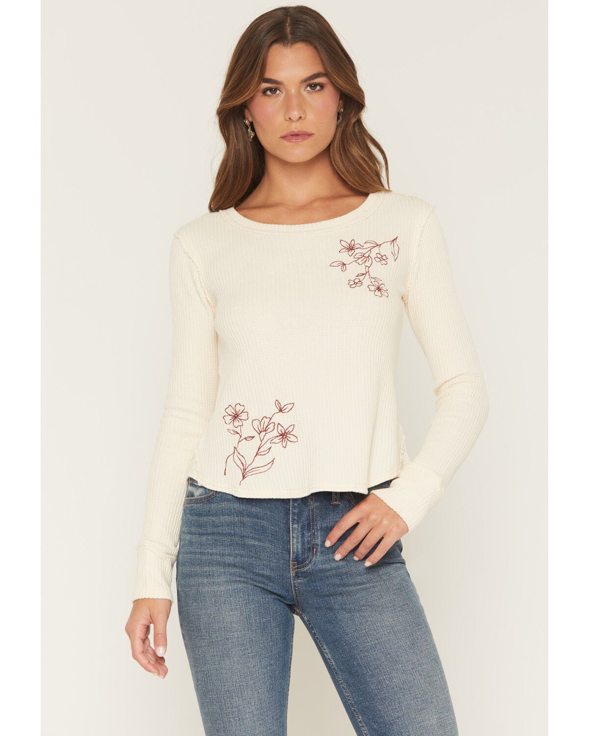 Image #1 - Wild Moss Women's Floral Embroidered Thermal Long Sleeve Top, Cream, hi-res