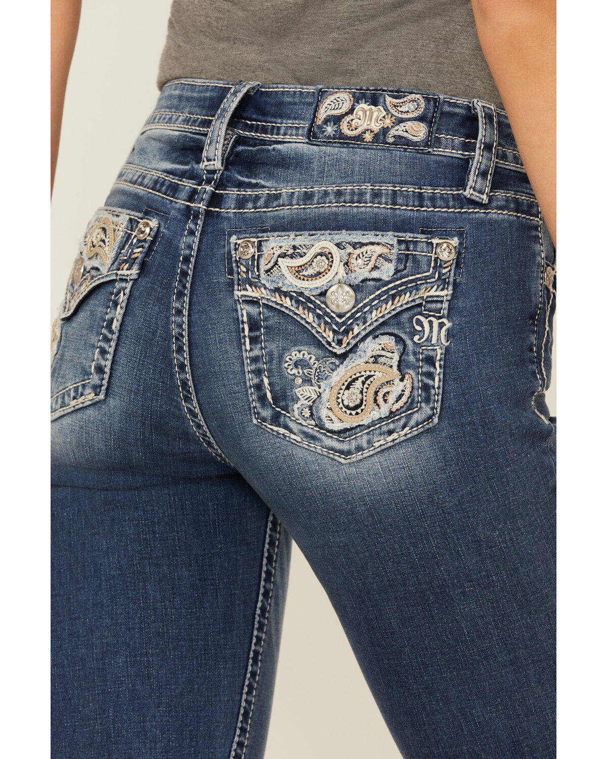 Image #2 - Miss Me Women's Dark Wash Mid Rise Paisley Pocket 34" Bootcut Stretch Denim Jeans, Dark Wash, hi-res