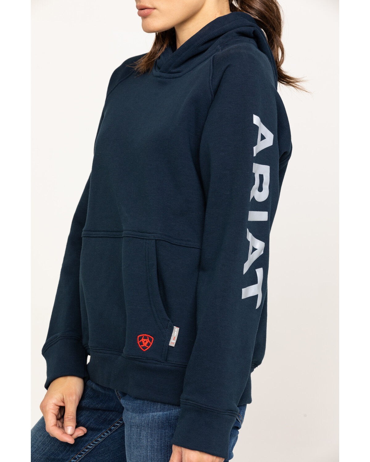 Image #4 - Ariat Women's FR Primo Fleece Logo Hooded Sweatshirt, Navy, hi-res