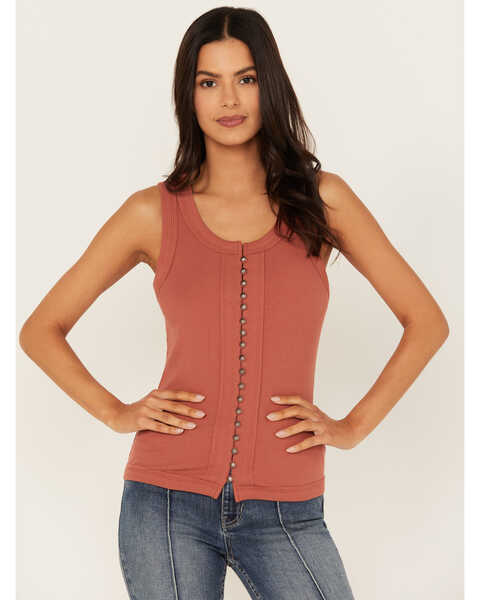 Image #1 - Idyllwind Women's Edna Button Front Ribbed Tank , Pecan, hi-res