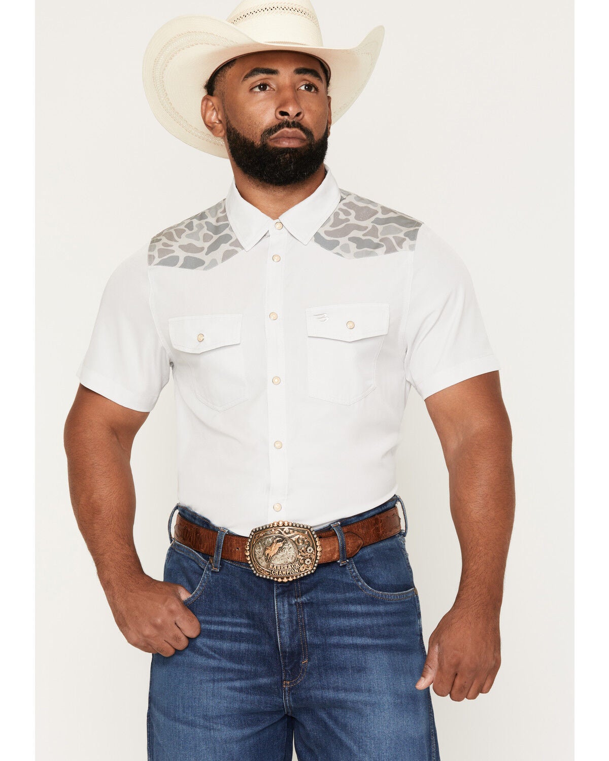 Burlebo Men's Camo Color Block Short Sleeve Snap Performance Western Shirt, Grey, hi-res