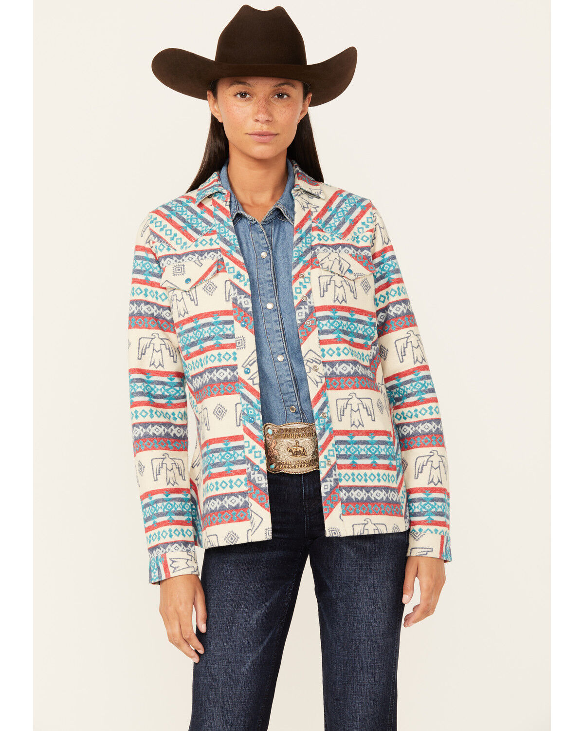 Image #1 - Outback Trading Co Women's Lorelei Southwestern Thunderbird Print Long Sleeve Snap Performance Shirt, Tan, hi-res