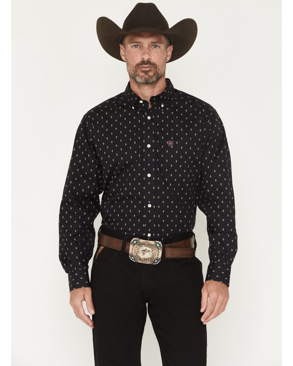 Ariat Men's Wrinkle Free Asher Geo Print Long Sleeve Button-Down Western Shirt - Tall, Black, hi-res