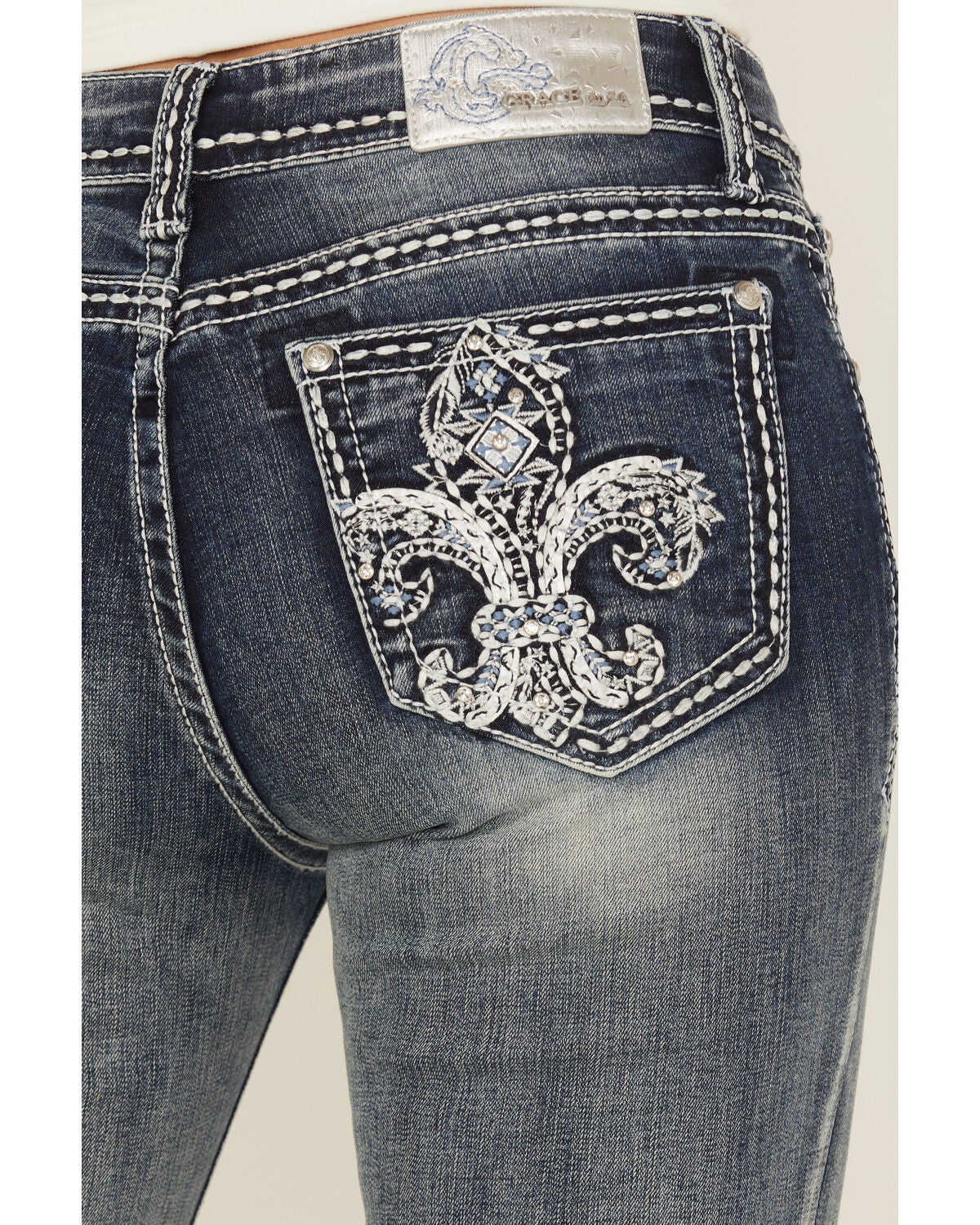 Image #2 - Grace In LA Women's Medium Wash Fleur De Lis Embroidered Mid Rise Bootcut Stretch Denim Jeans, Medium Wash, hi-res