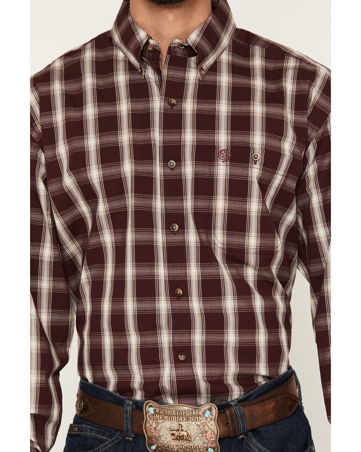 Image #3 - George Straight by Wrangler Men's Plaid Print Long Sleeve Button-Down Stretch Western Shirt, Burgundy, hi-res