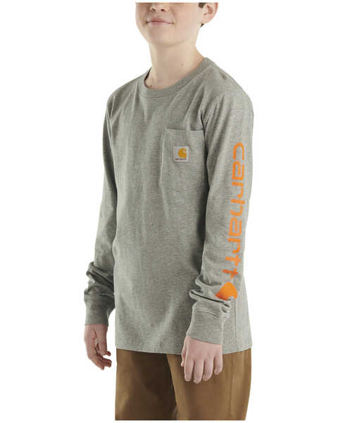 Image #2 - Carhartt Boys' Logo Long Sleeve Pocket T-Shirt, Charcoal, hi-res