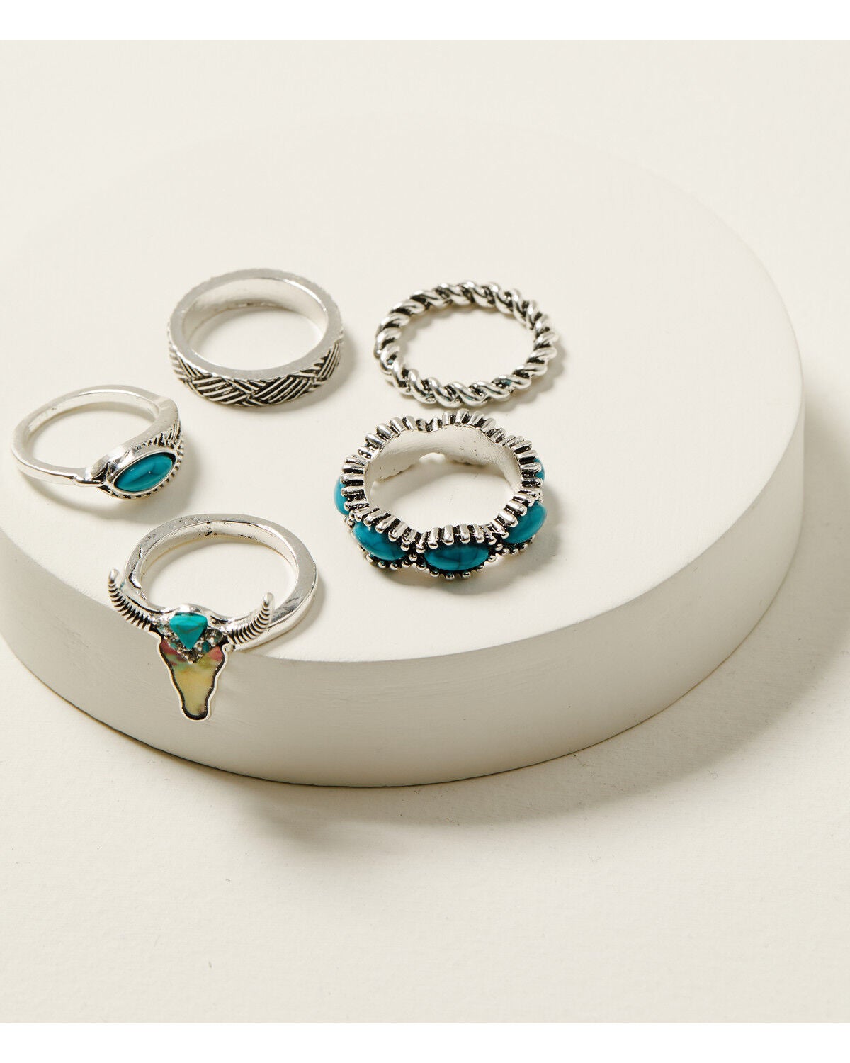 Image #1 - Shyanne Women's Steer Head and Feather Ring Set - 5 Piece, Turquoise, hi-res