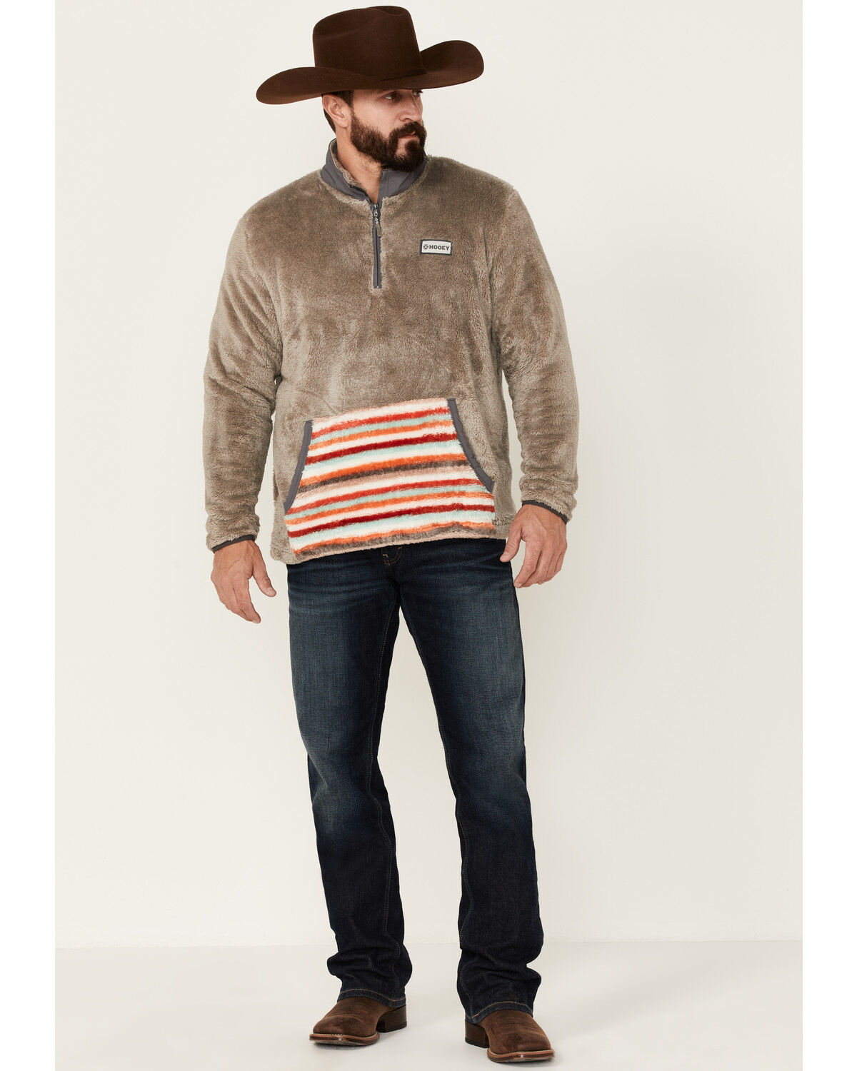 Image #2 - Hooey Men's Stripe Pocket 1/4 Zip Fleece Pullover, Brown, hi-res