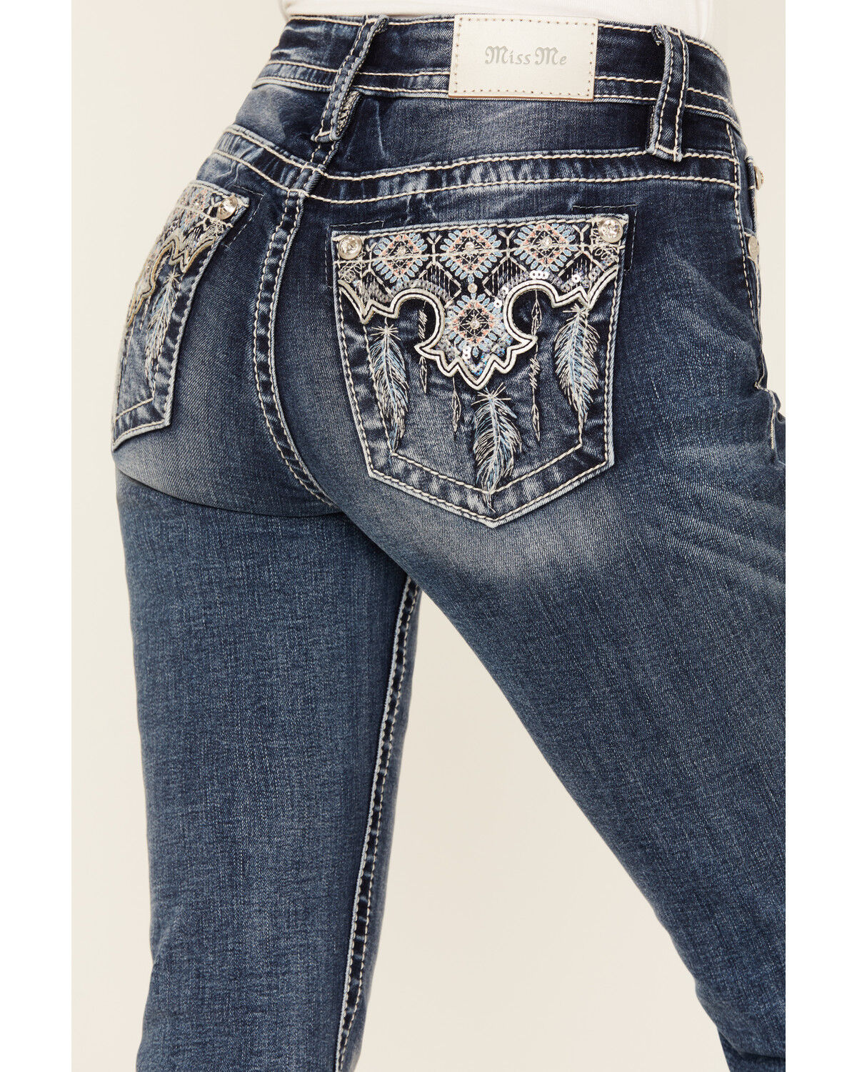 Image #2 - Miss Me Women's Dark Rise Mid Wash Geo Feather Pocket Bootcut Stretched Denim Jeans, , hi-res