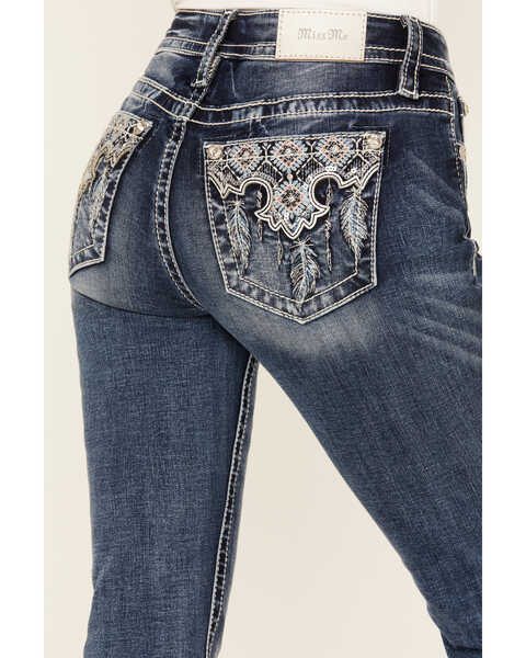 Image #2 - Miss Me Women's Dark Rise Mid Wash Geo Feather Pocket Bootcut Stretched Denim Jeans , Dark Wash, hi-res