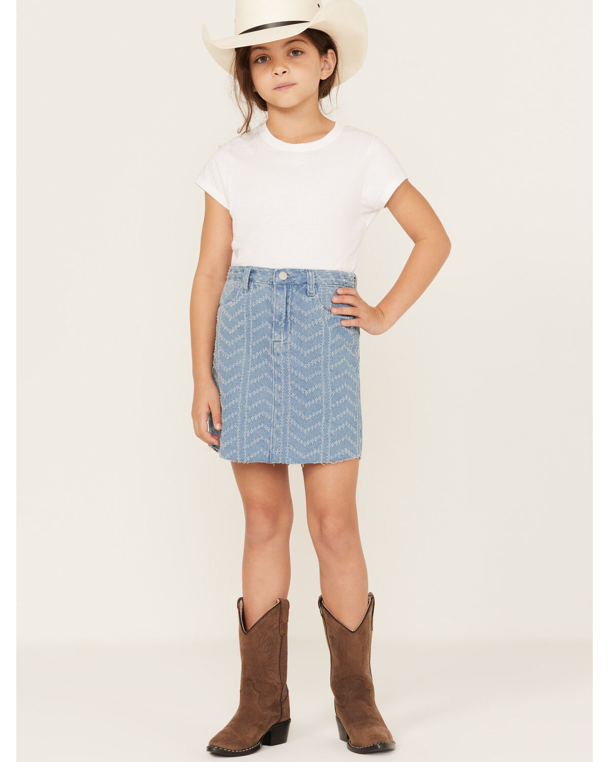 Image #1 - Hayden Girls' Herringbone Textured Denim Skirt, Blue, hi-res