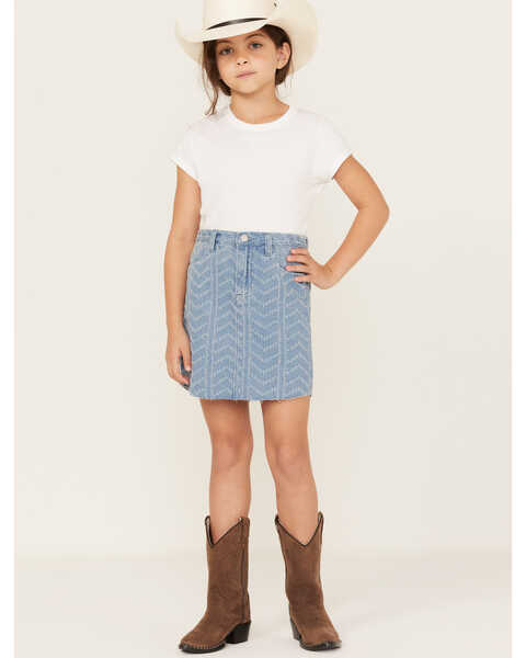 Image #1 - Hayden Girls' Herringbone Textured Denim Skirt, Blue, hi-res