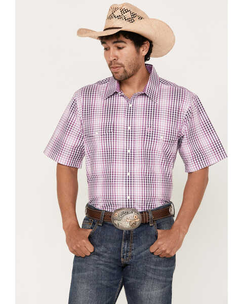 Image #1 - Panhandle Select Men's Check Plaid Print Short Sleeve Snap Western Shirt , Purple, hi-res