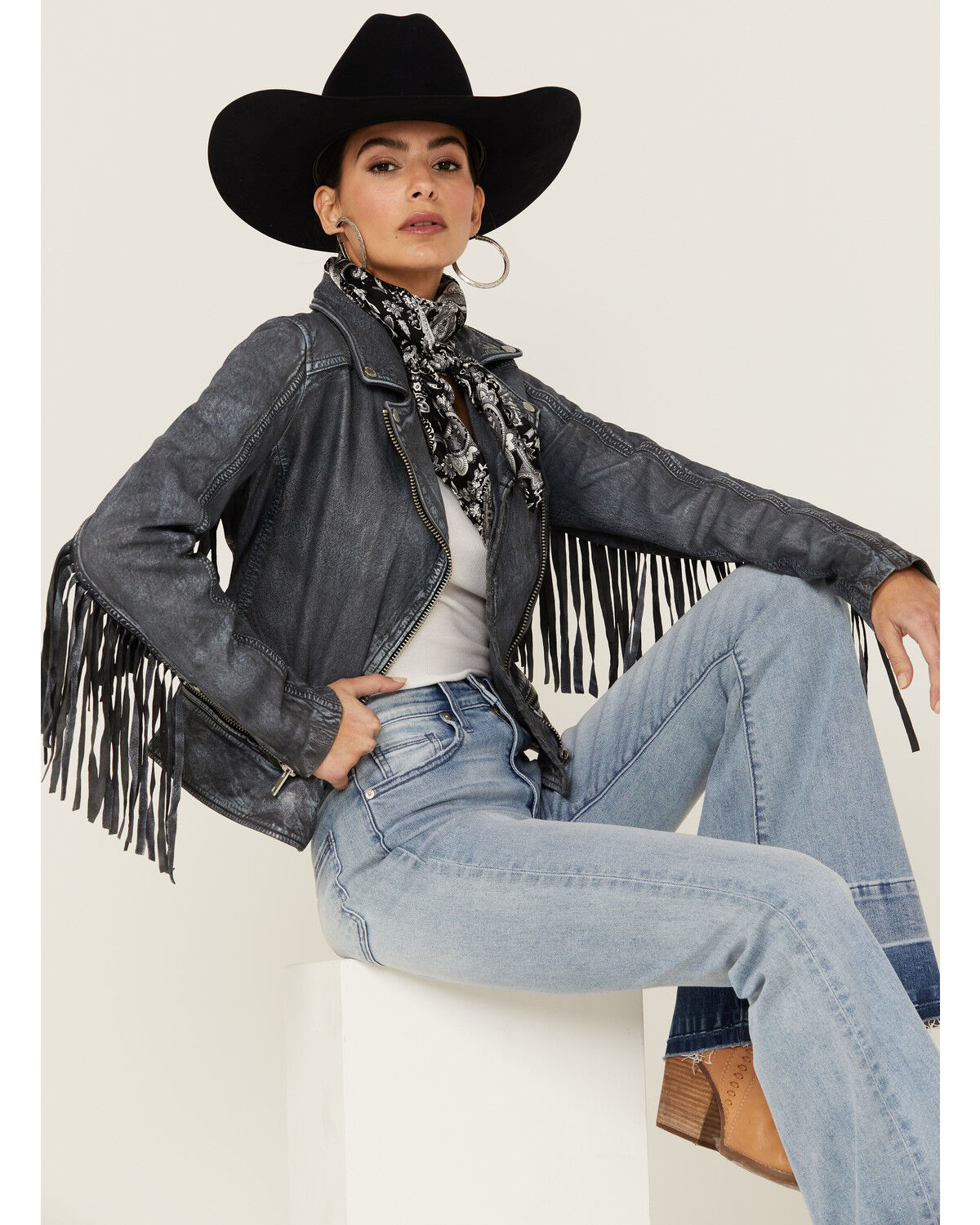 Image #1 - Mauritius Leather Women's Melbourne Denim Fringe Leather Jacket, , hi-res