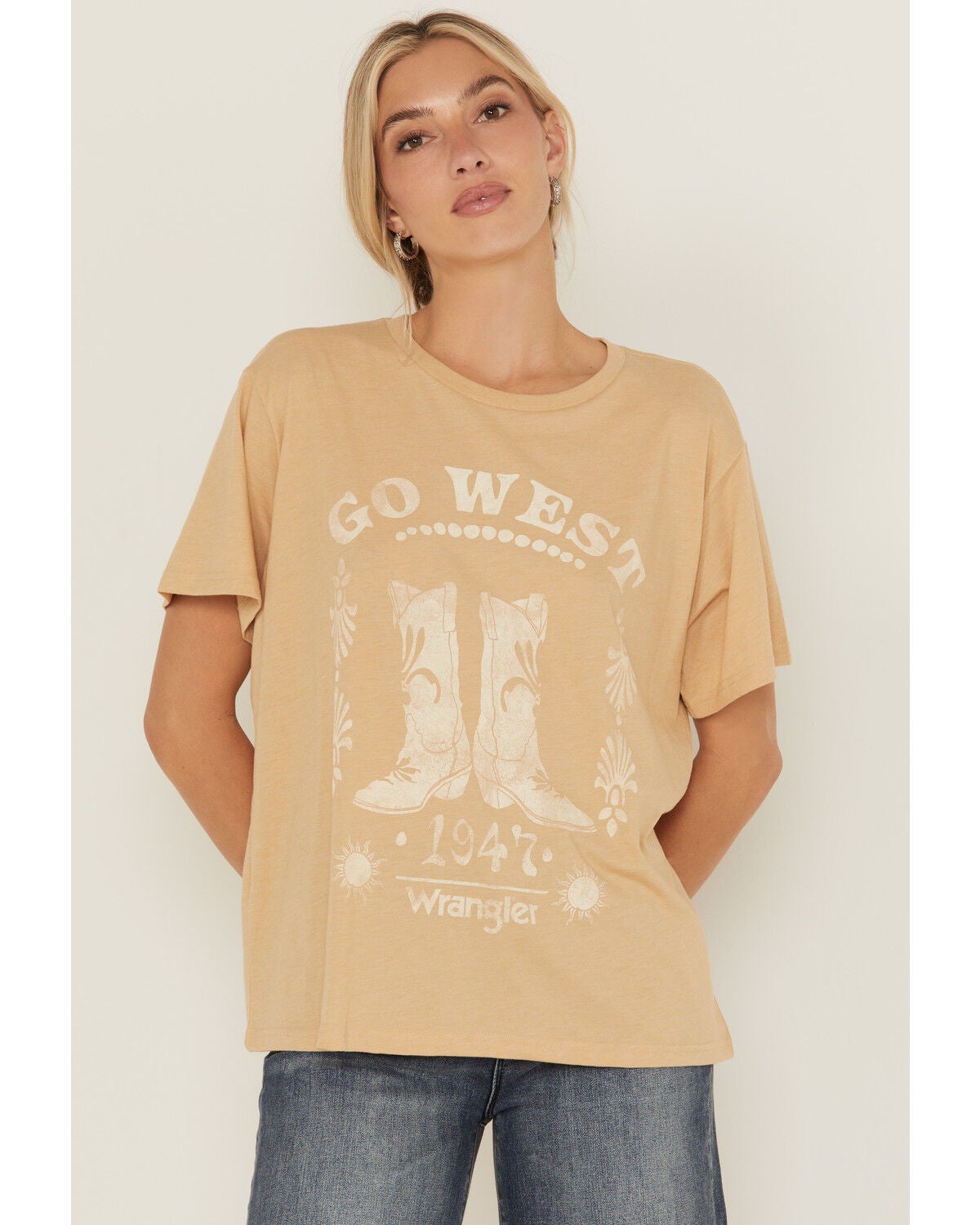 Image #1 - Wrangler Women's Go West Short Sleeve Girlfriend Graphic Tee, Mustard, hi-res
