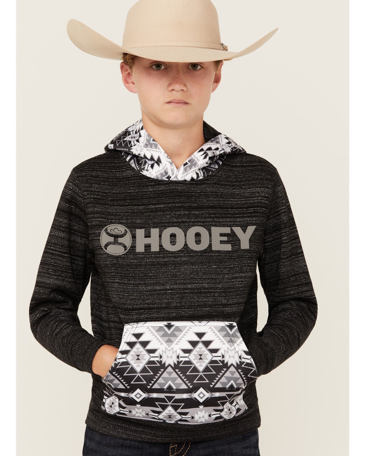 Hooey Boys' Southwestern Print Logo Hooded Sweatshirt, Black, hi-res