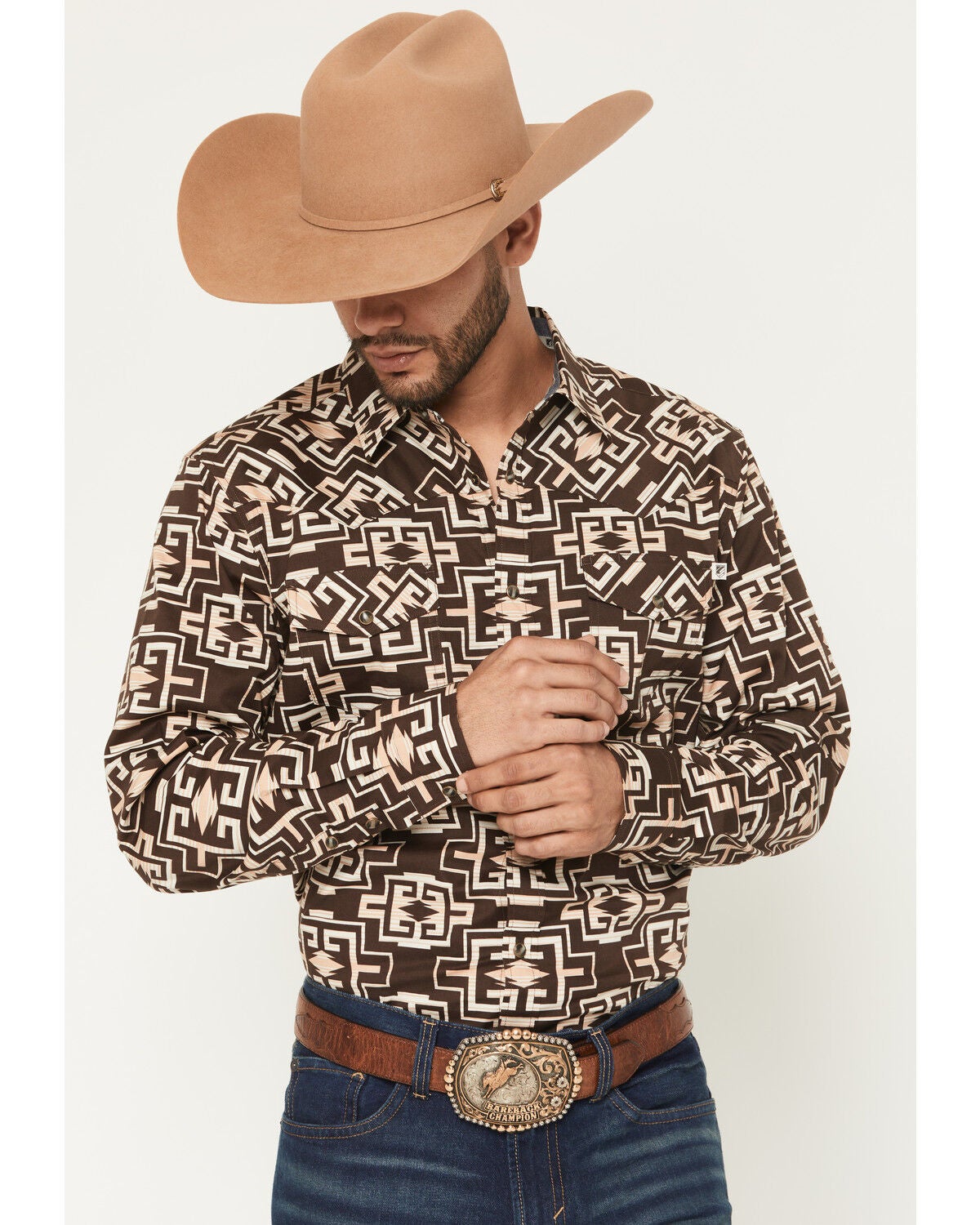 RANK 45&reg; Men's Mount Hood Southwestern Print Long Sleeve Snap Stretch Western Shirt, Brown, hi-res