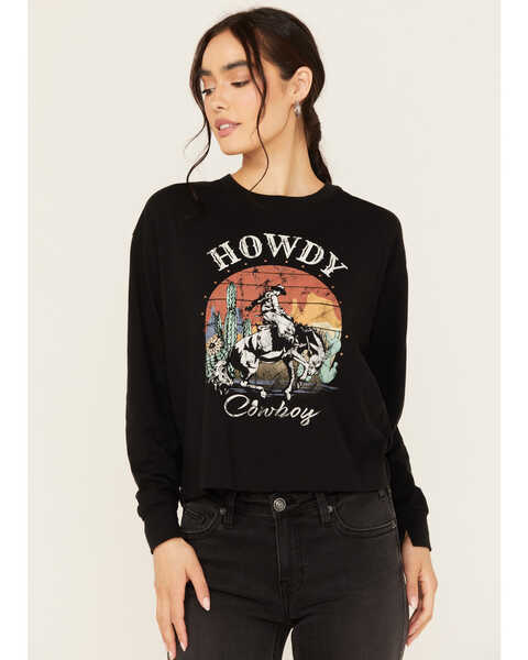 Image #1 - White Crow Women's Studded Howdy Long Sleeve Graphic Tee, Black, hi-res
