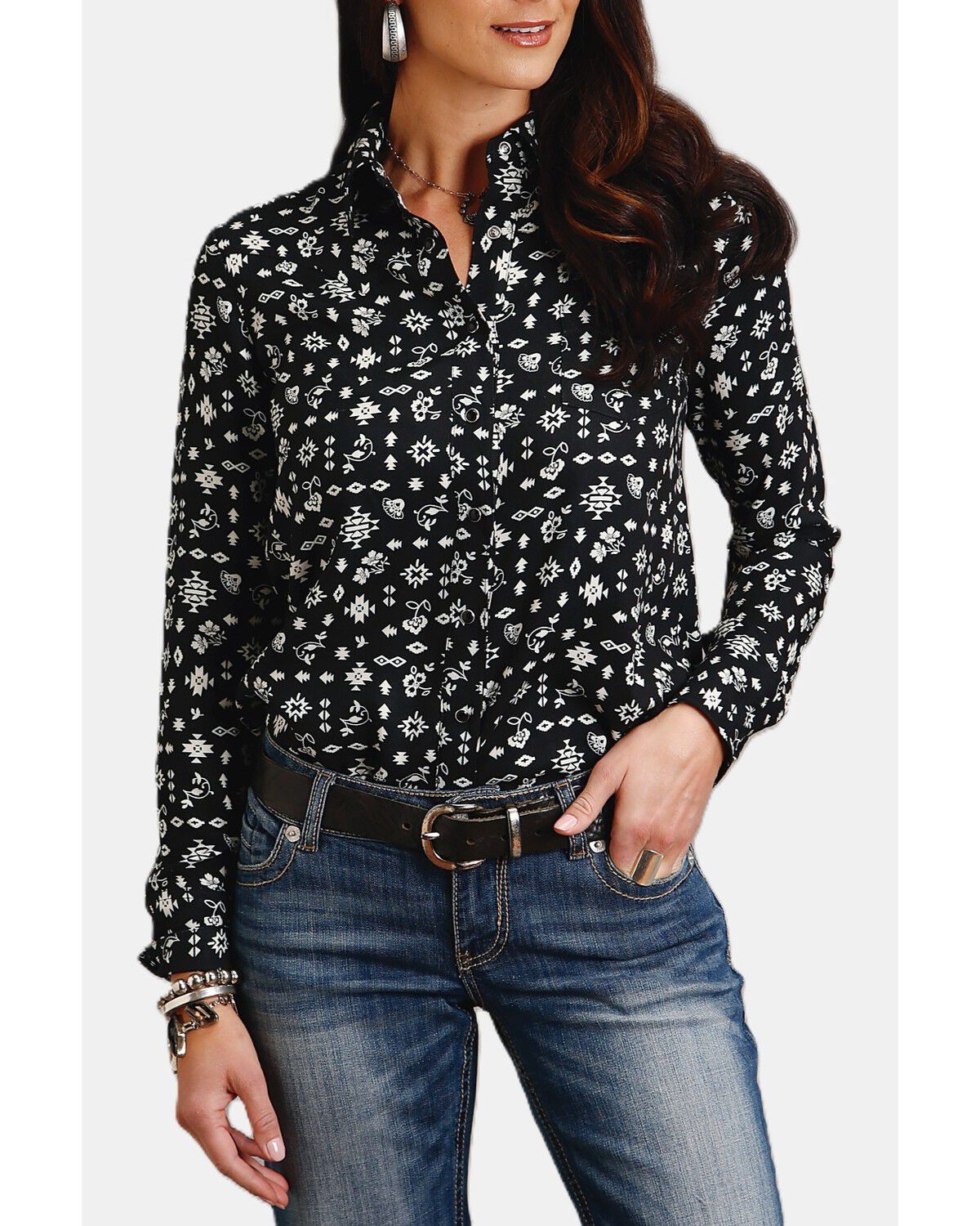 Image #1 - Stetson Women's Southwestern Print Long Sleeve Snap Western Shirt, Black, hi-res